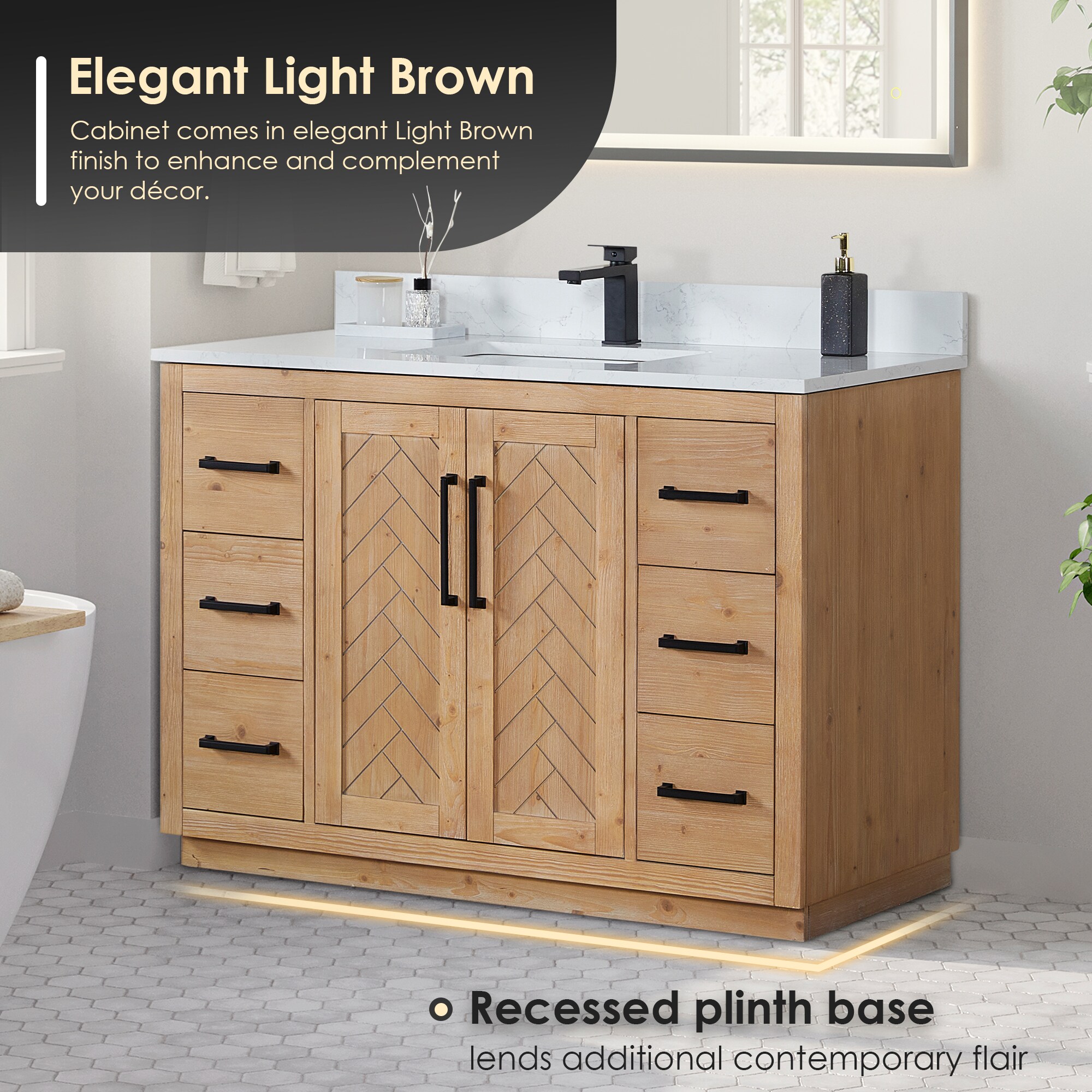 Anais Light Brown Wood Bathroom Vanity with White Stone Countertop, 48 inch