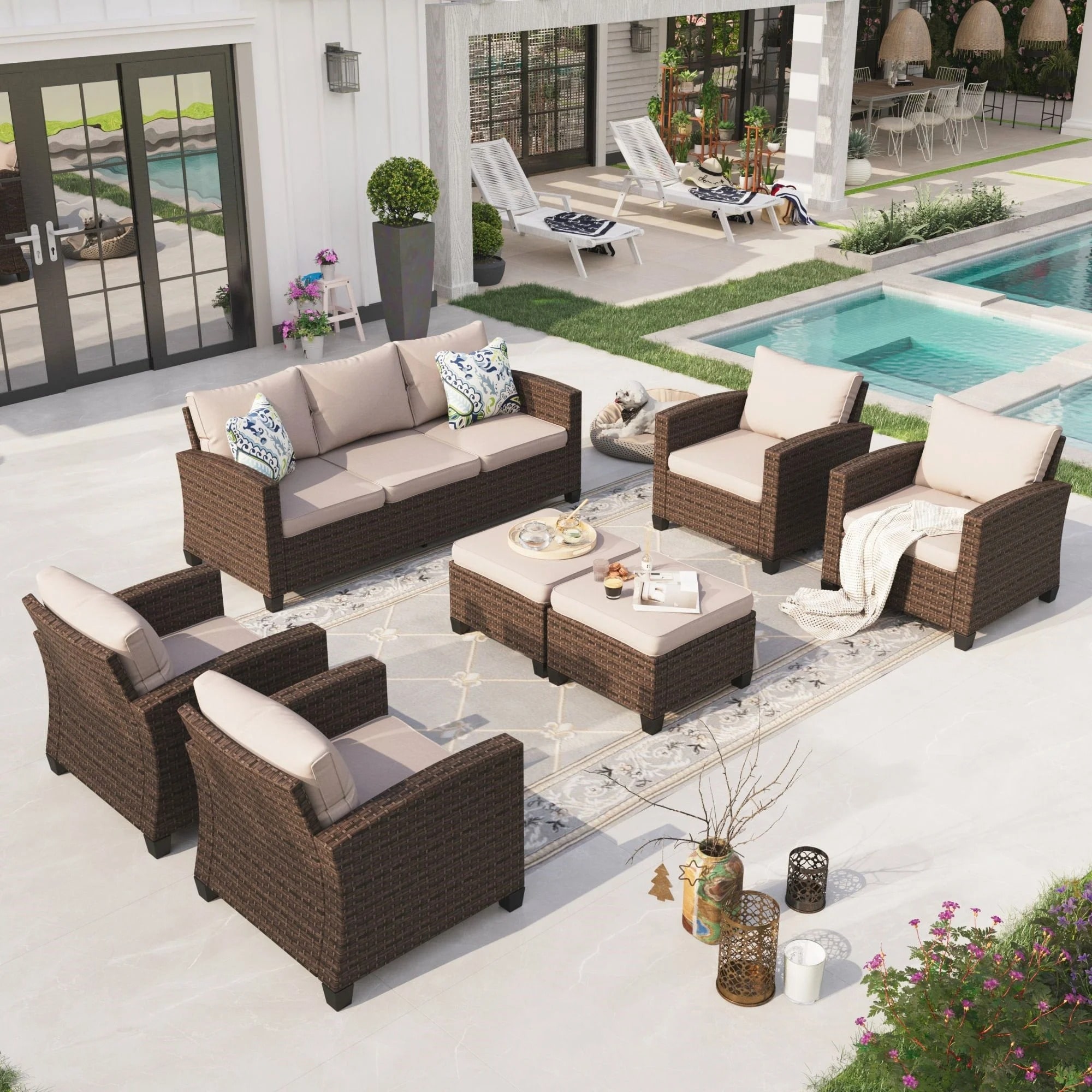 Sunshine Valley CR007-01-9-BE 7 -Piece Wicker Patio Sofa Conversation Set with Tan CUSHION PRO Cushions