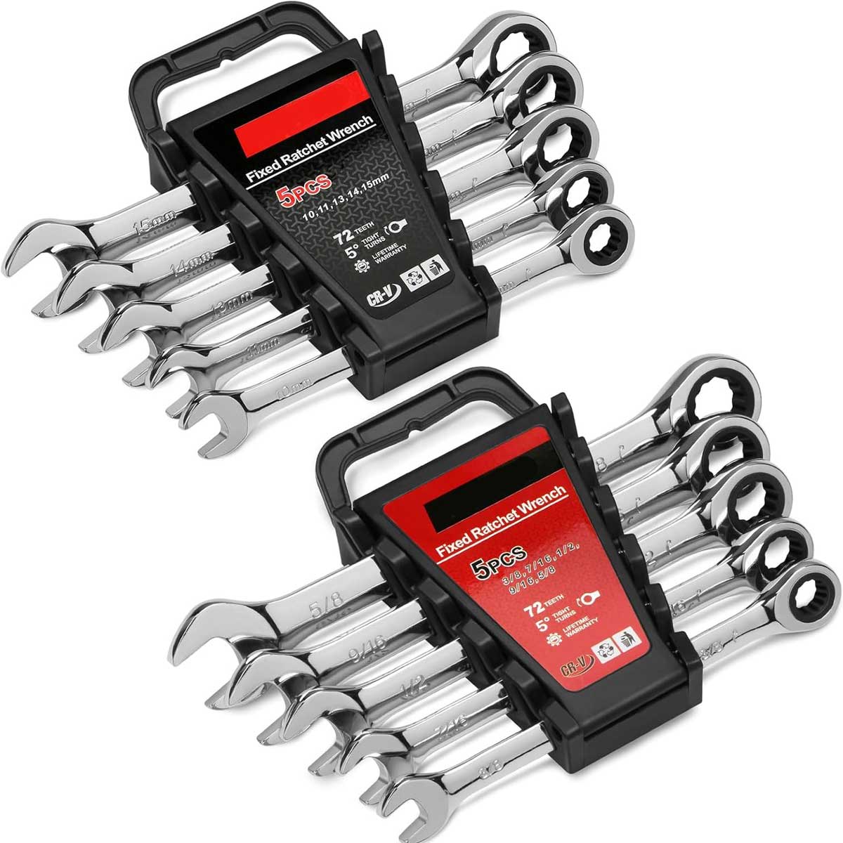 Aoibox LABW21008 10Pcs Ratcheting Wrench Set SAE Metric Ratchet Wrench with Organizer Premium CRV Steel 12 Point 72 Teeth Box Open End