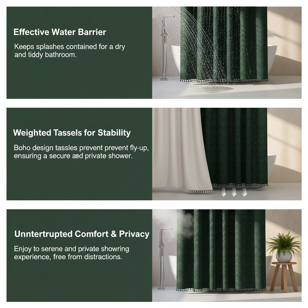 Paradigms Interiors Dark Green Boho Woven Fabric Shower Curtain with ...