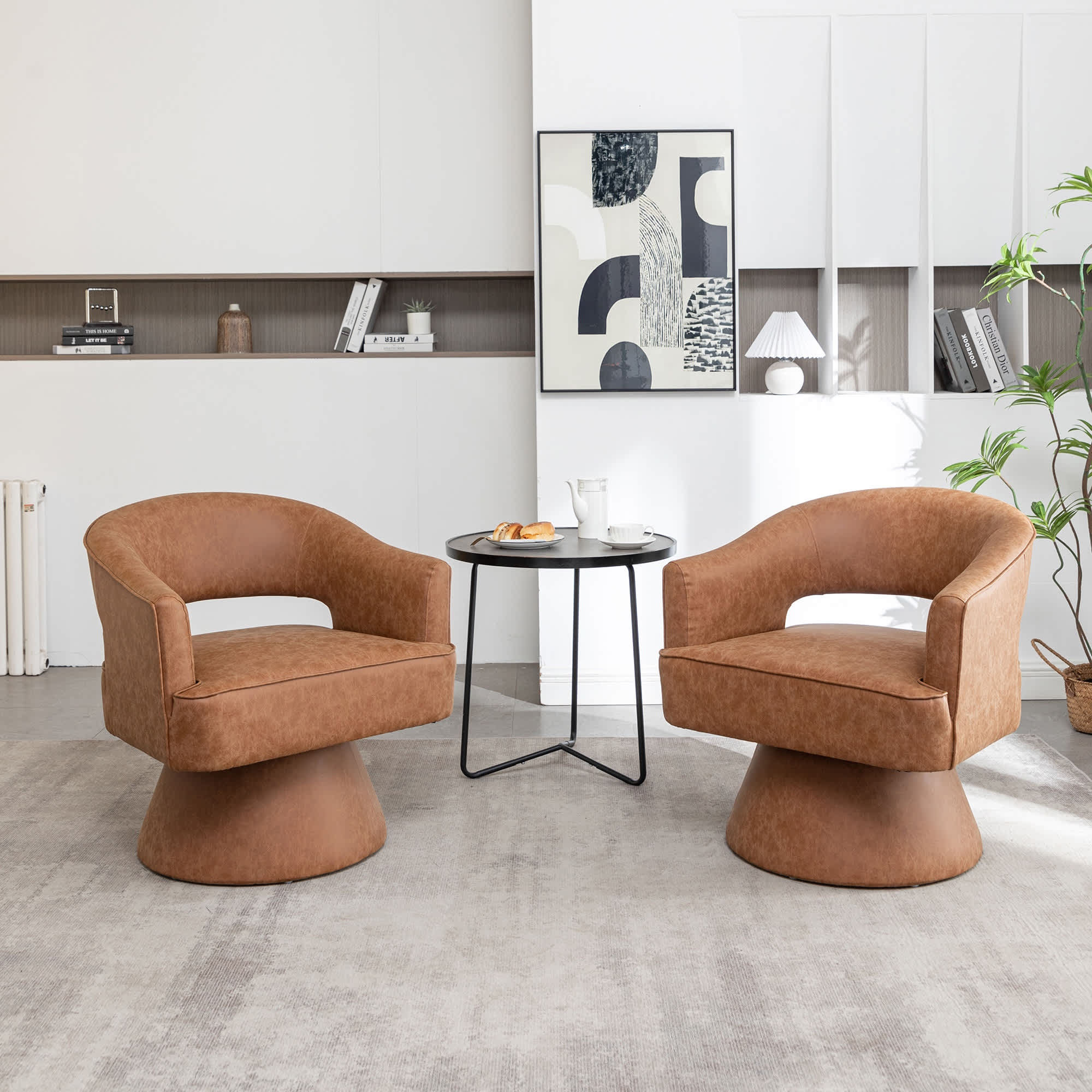SEYNAR CE600-BROWN-S2 Modern PU Leather 360 Degree Swivel Accent Barrel Chair Set of 2