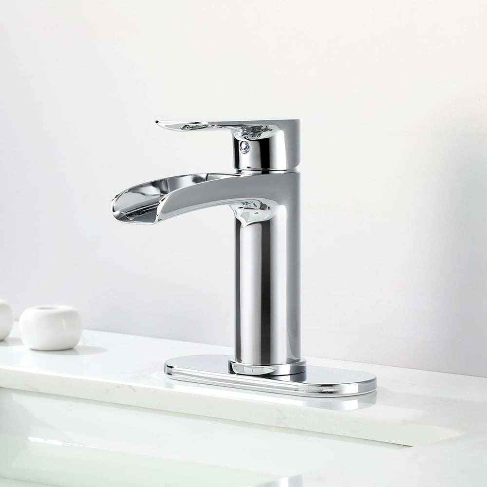 Newater 71011 Yahto Polished Chrome Single hole 1-handle Waterfall Residential Handle Bathroom Sink Faucet with Deck Plate