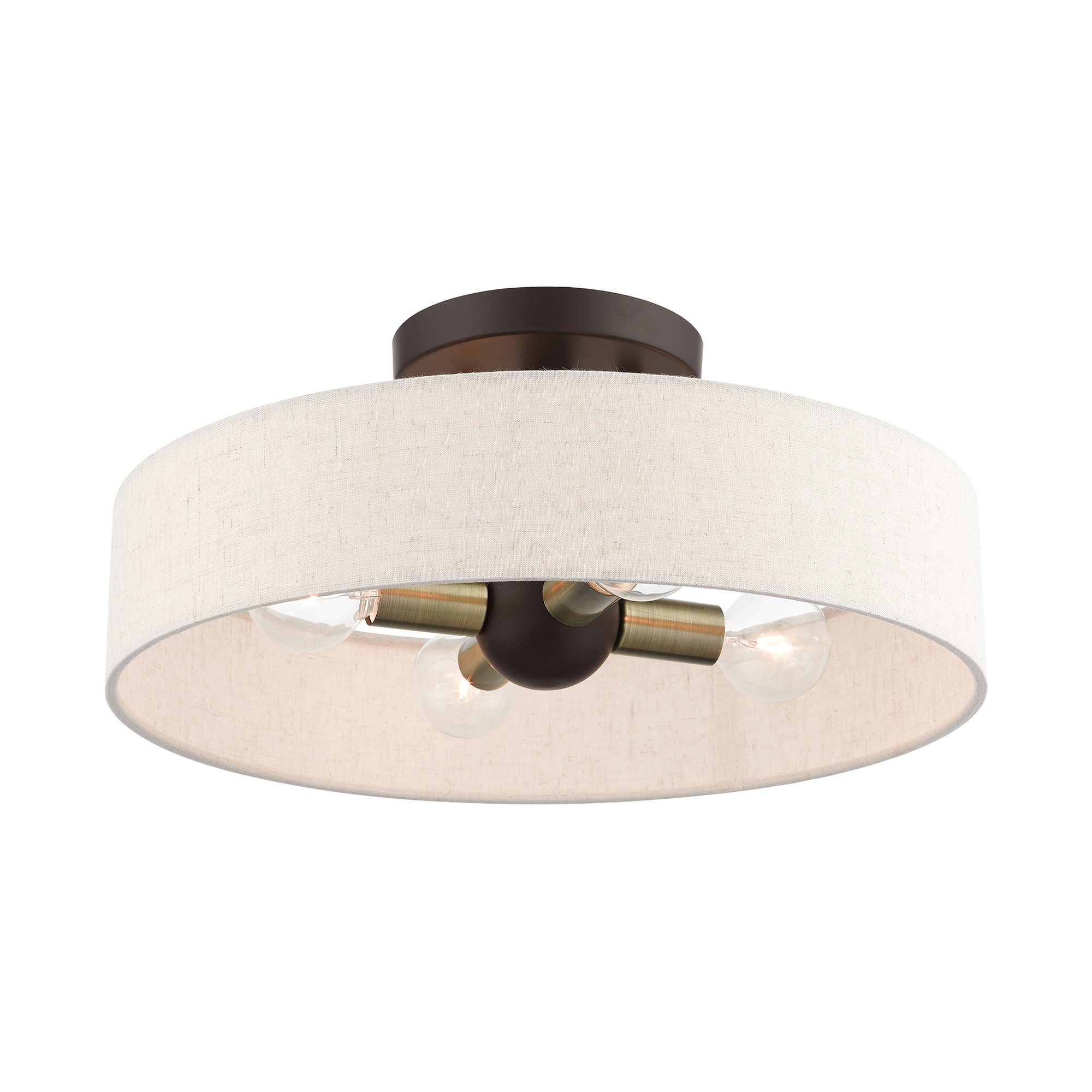 Bronze Antique Brass 4-Light Drum Semi-Flush Mount with Oatmeal Shade