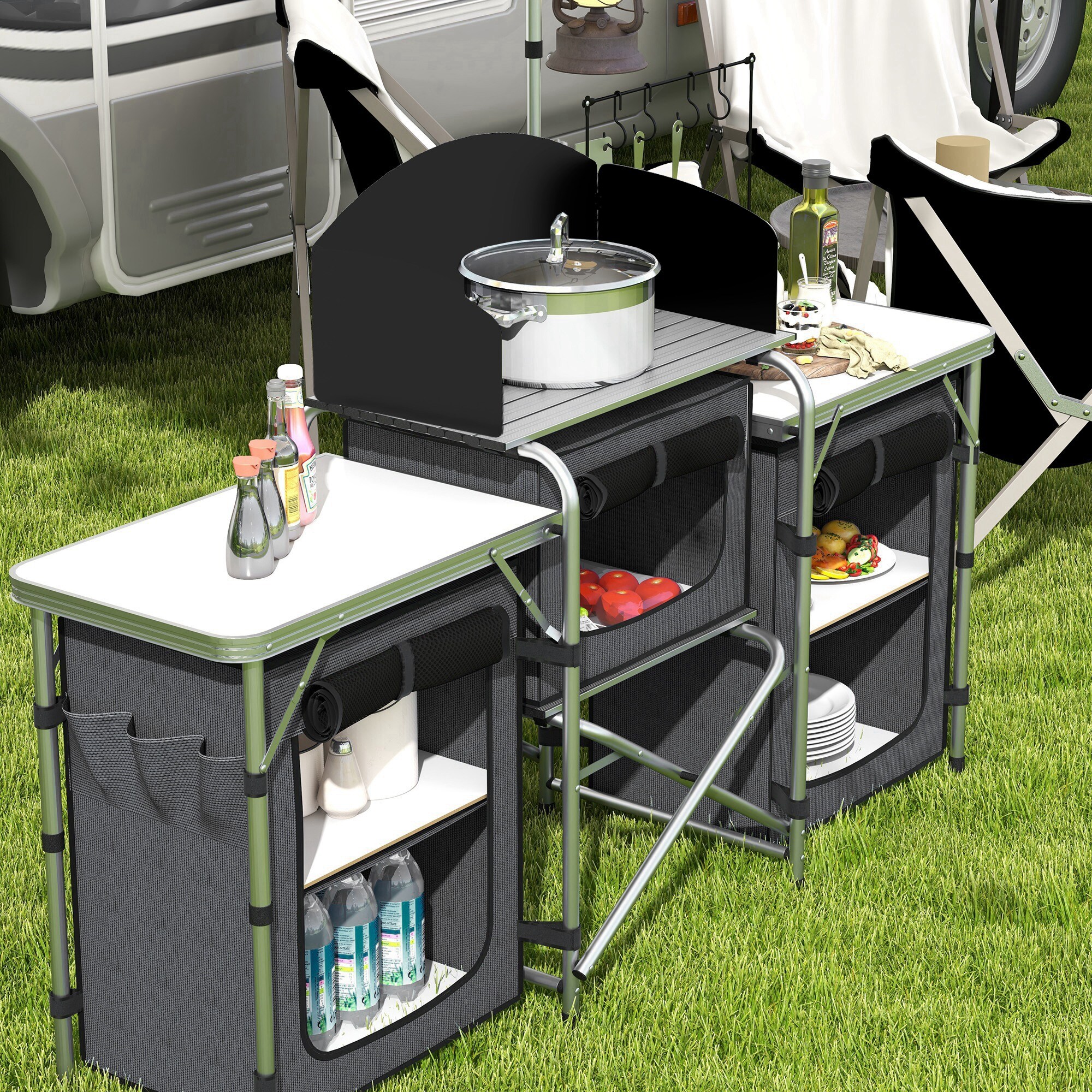 Outsunny Camping Kitchen Table Portable Folding Camp Kitchen Aluminum ...