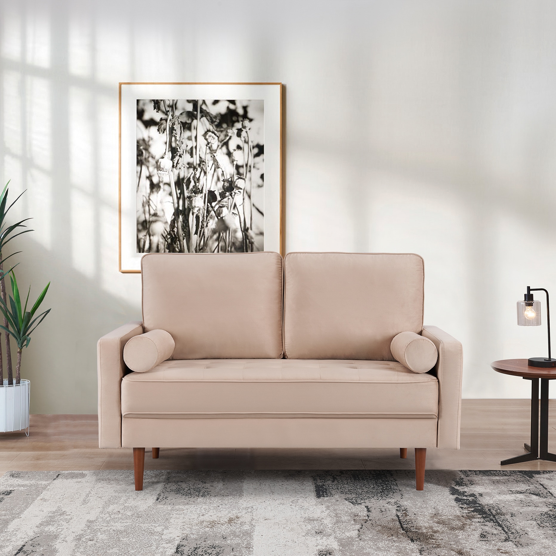 Beige Velvet Loveseat with Wood Legs and Bolster Pillows