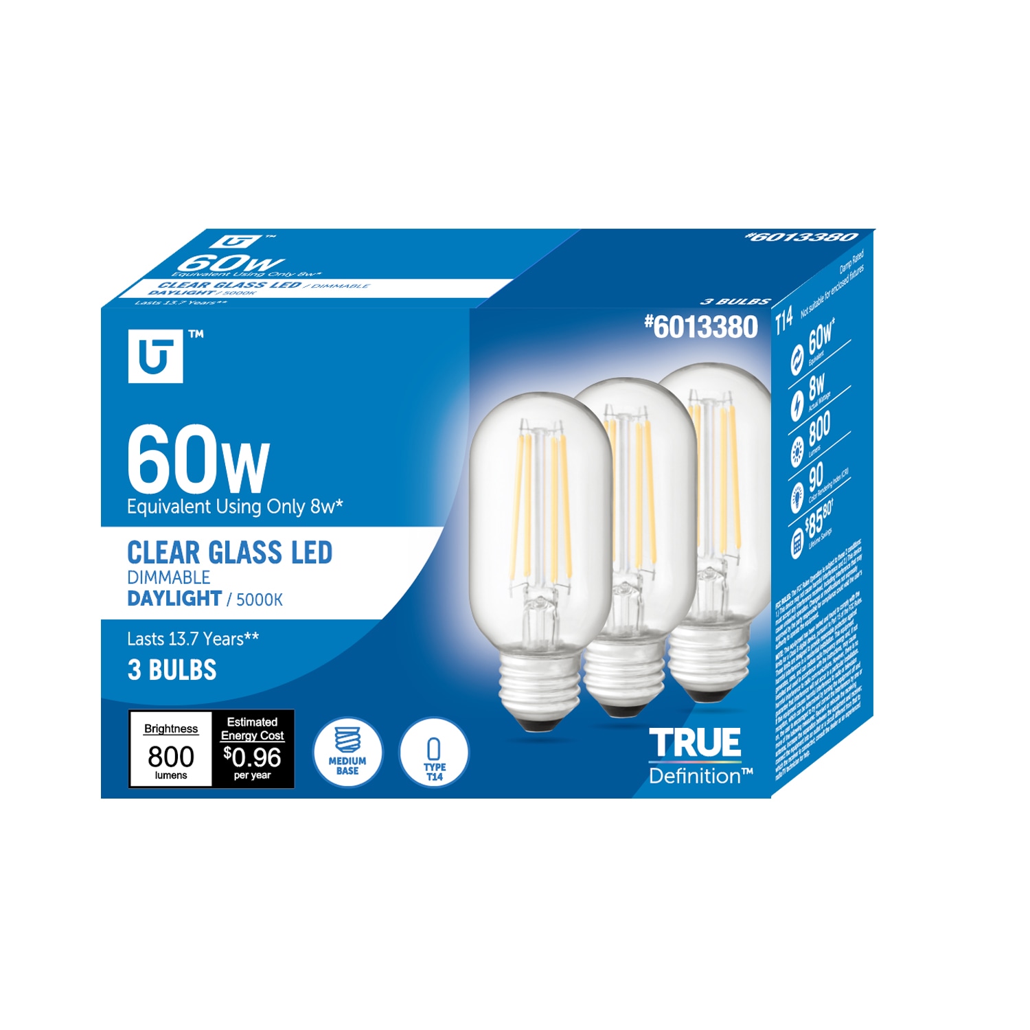 Utilitech 16C11-T14-C-8W-950 60 -Watt EQ T14 Daylight E26 Dimmable LED General purpose Light Bulb 3 -Pack