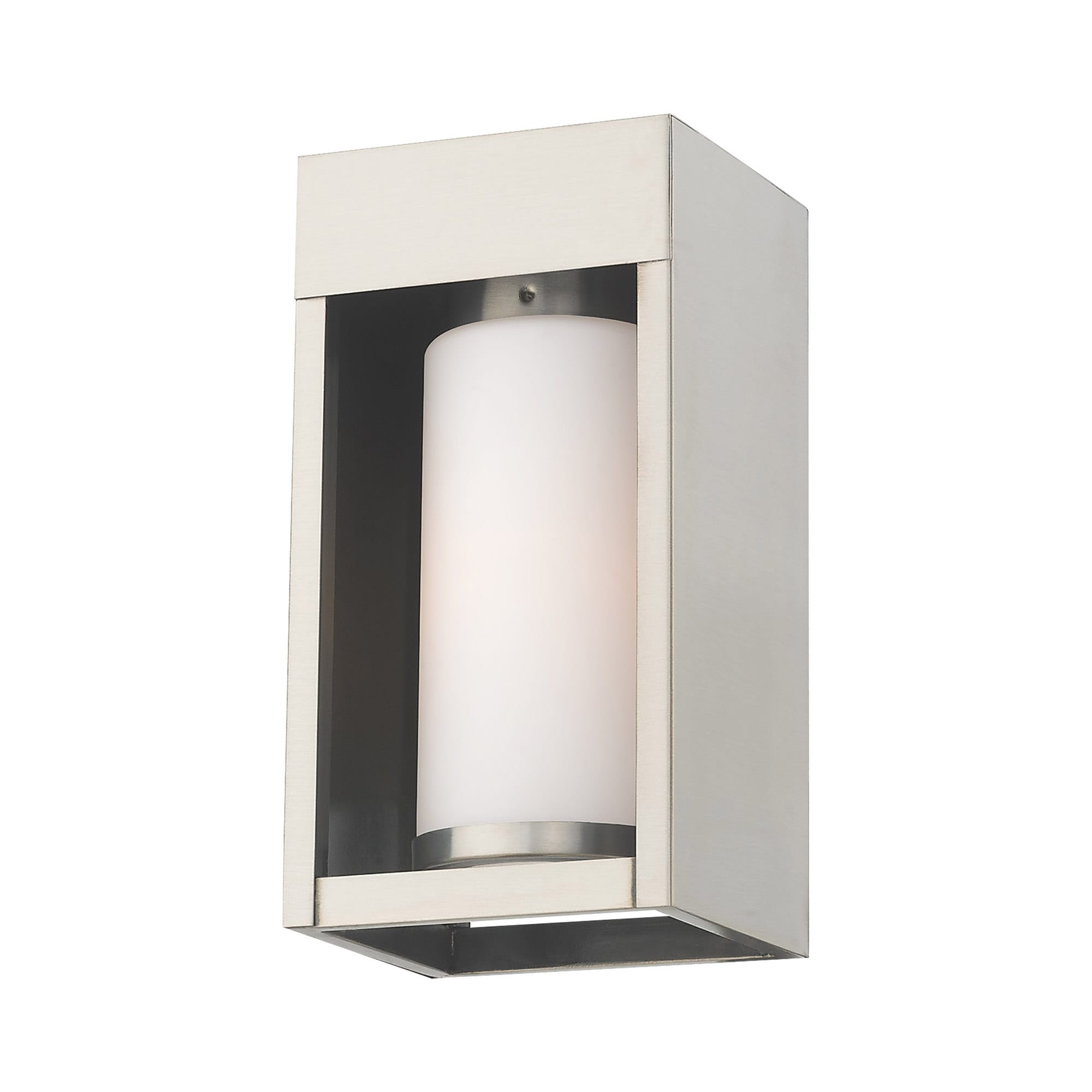Contemporary Brushed Nickel Outdoor Wall Lantern with Satin Opal White Glass