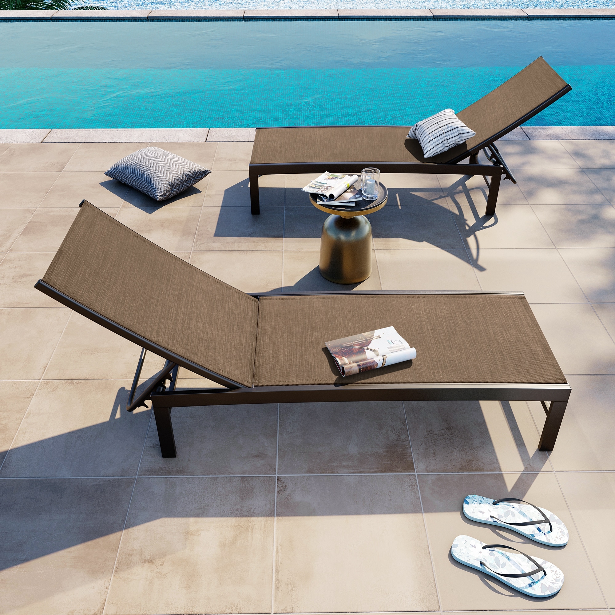 Brown Aluminum Adjustable Chaise Lounge Set with Texteline Fabric