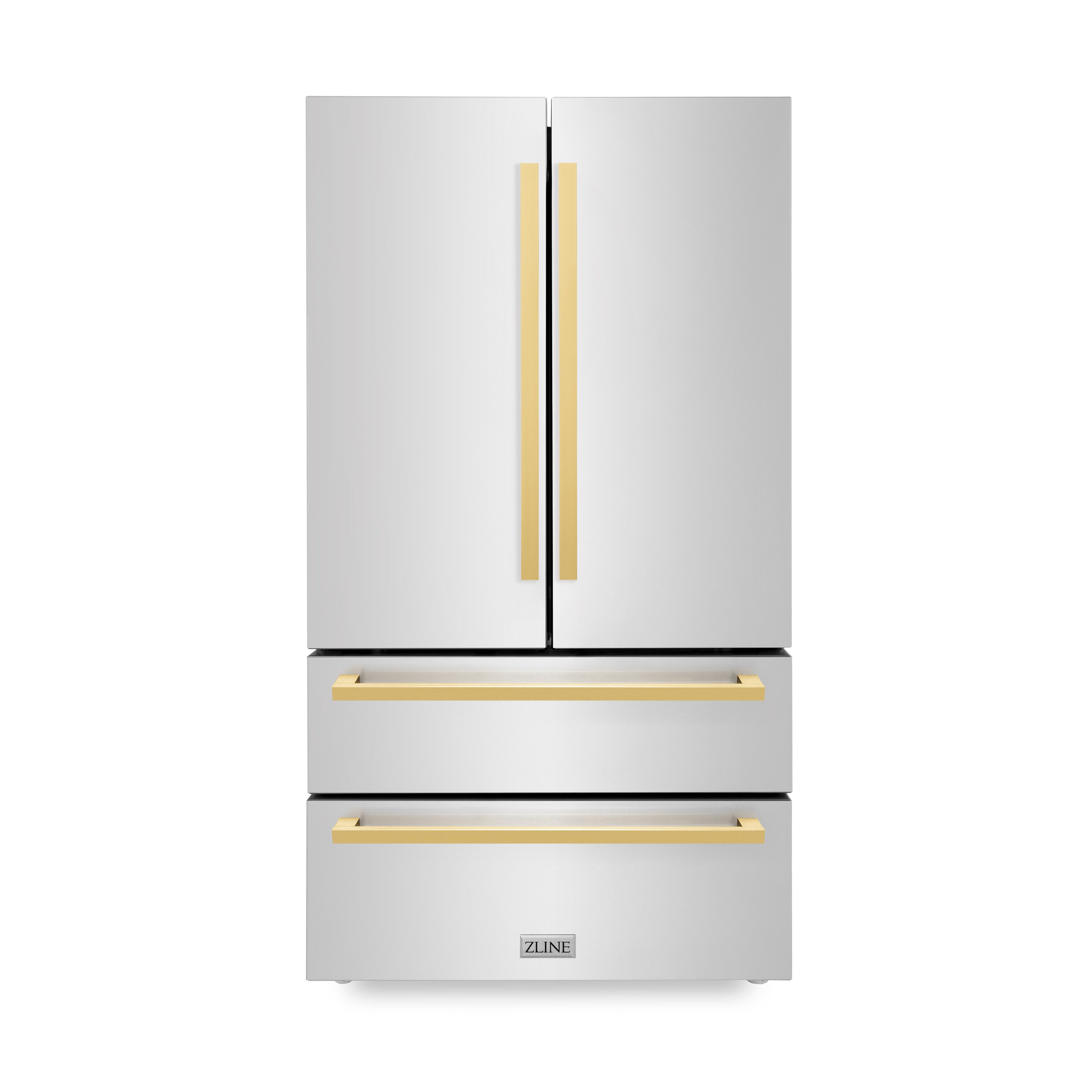 ZLINE KITCHEN & BATH RFMZ-36-FG Counter-Depth 21.6-cu ft 4 -Door French Door Refrigerator with Ice Maker with Ice Dispenser ( Stainless Steel with Flat Polished Gold Handle ) ENERGY STAR Certified