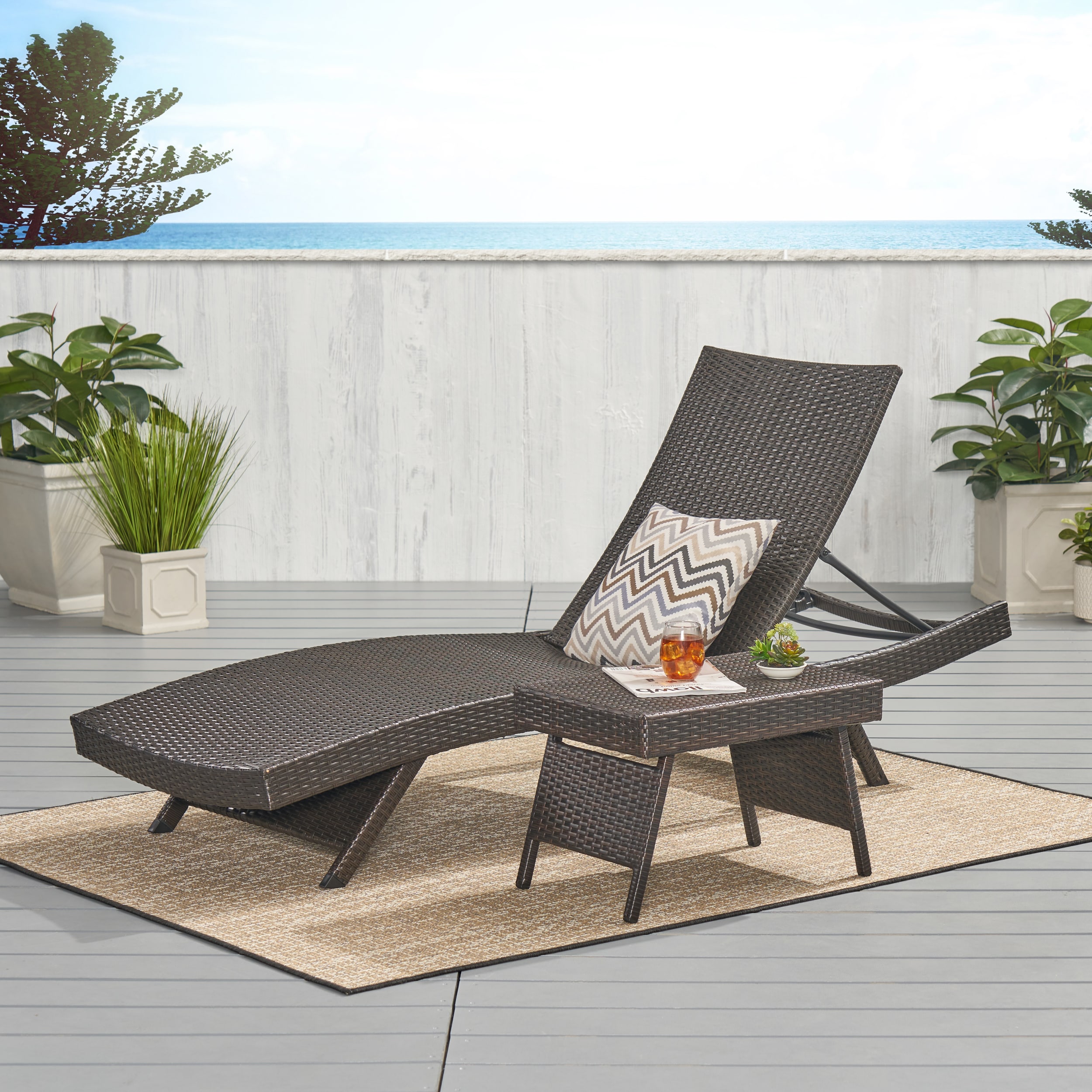 Christopher Knight Home 253967 Salem Outdoor Wicker Adjustable Chaise Lounge 3-Piece Set Brown