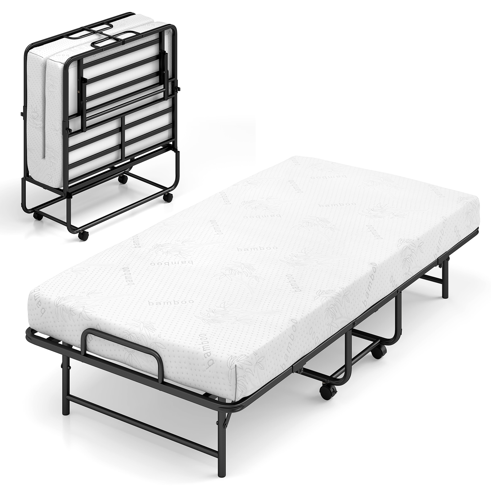 SUGIFT Twin Size Folding Bed with 5-in Memory Foam Mattress Rollaway Guest Bed Black White Metal
