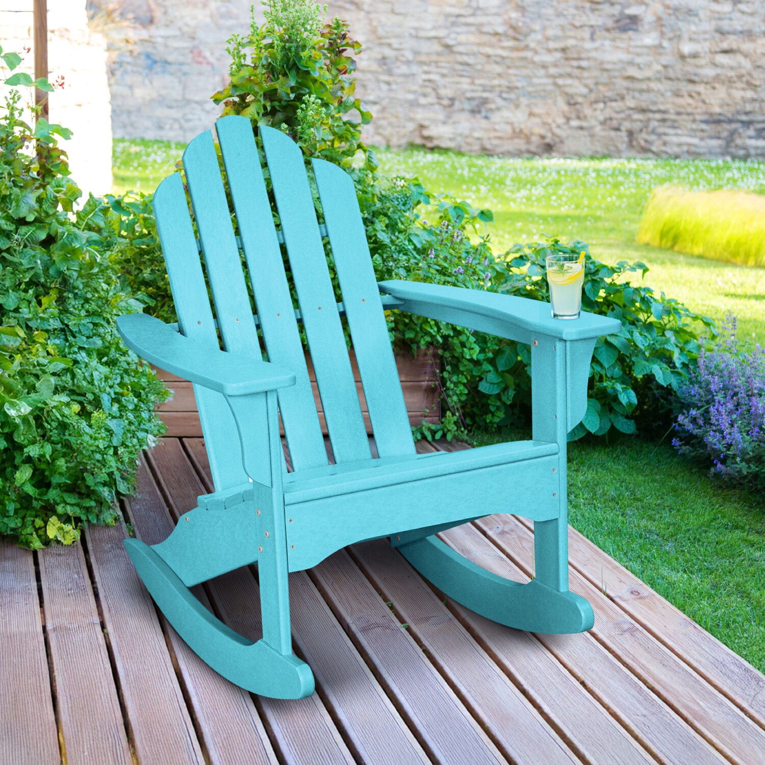 Hanover HVLNR10AR All-Weather Blue HDPE Frame Adirondack Chair with Slat Seat