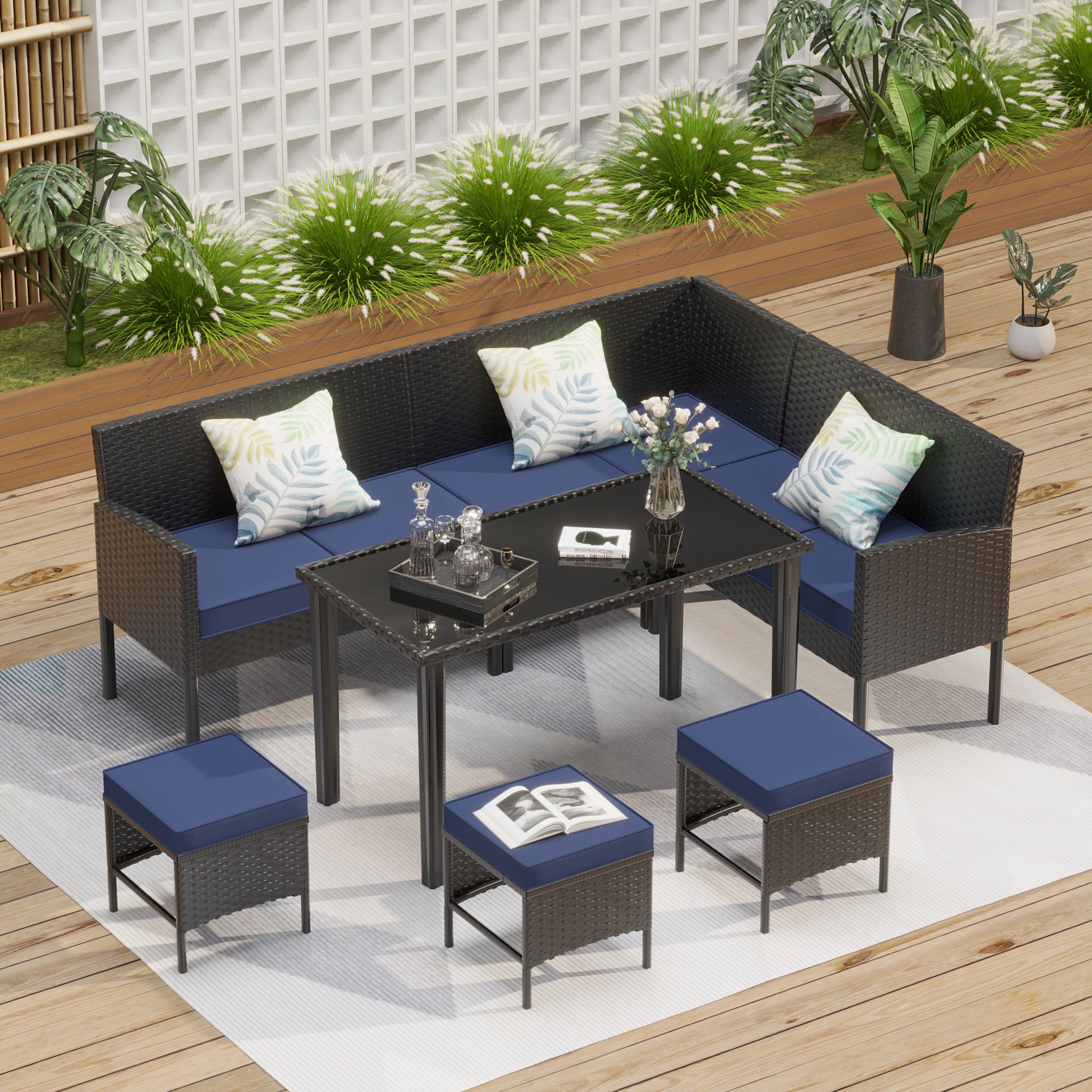 Homy Casa SSPF BL SSPF Garden Outdoor 7 Piece Patio Furniture Set Space Saving Ocean Blue Sectional with Cushions and Glass Table Seats 10 or More