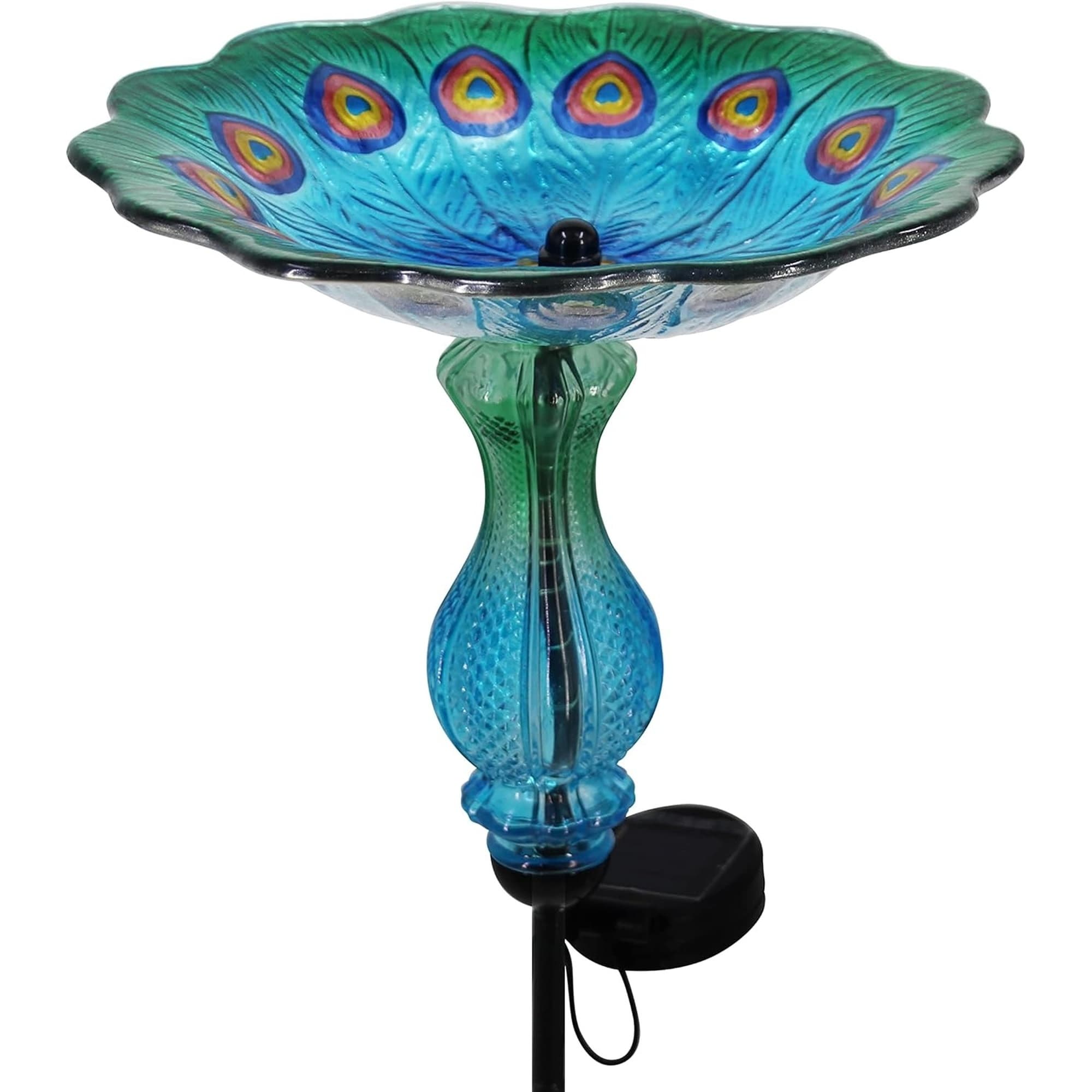 Angel Sar Peacock Bird Bath for Outdoor Glass Bowl Solar Light Cage Bird Feeder with Metal Stake 32 in for Garden Yard Patio