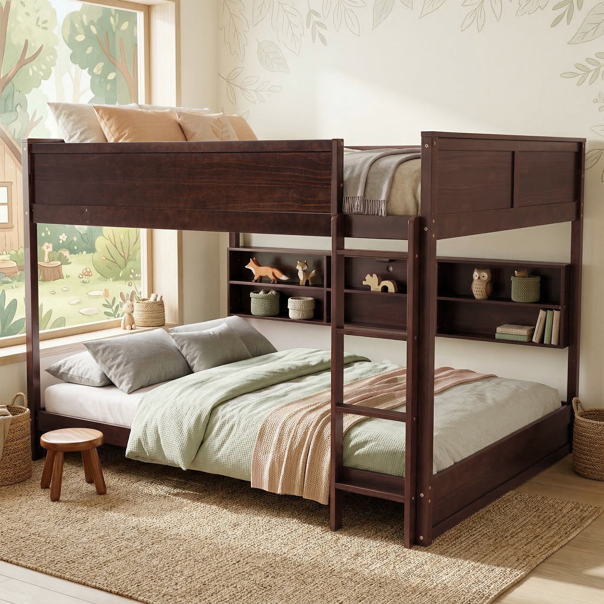 Vecelo Full Over Full Bunk Bed Built In Storage Shelves Solid Wood Espresso Finish Space Saving Kids Teens Guest Bedroom Bed Frame