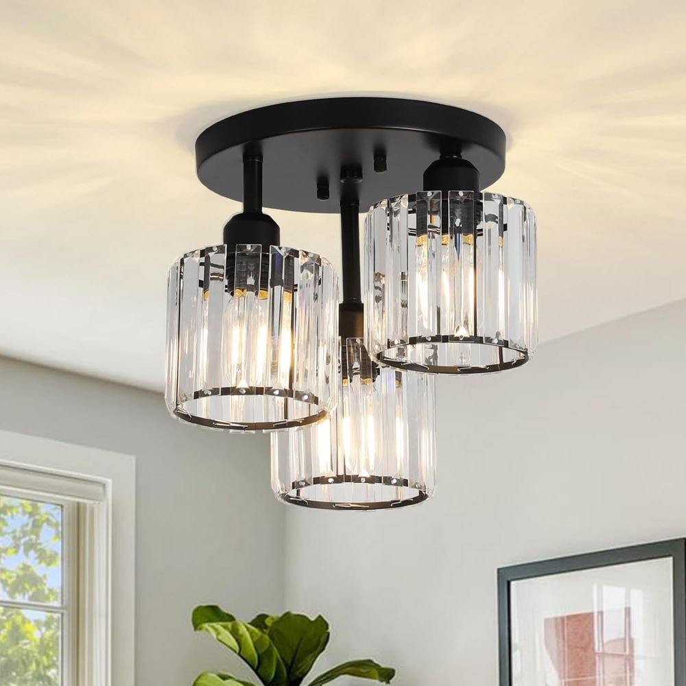 Blisstyle Crystal Semi Flush Mount Ceiling Light 3 Light Modern Close to Ceiling Light Fixtures Black Kitchen Light Fixtures with Clear Crystal Shade Hallway Light Fixtures for Hallway Bedroom Bathroom Lighting Lighting and Lamps Black Crystal