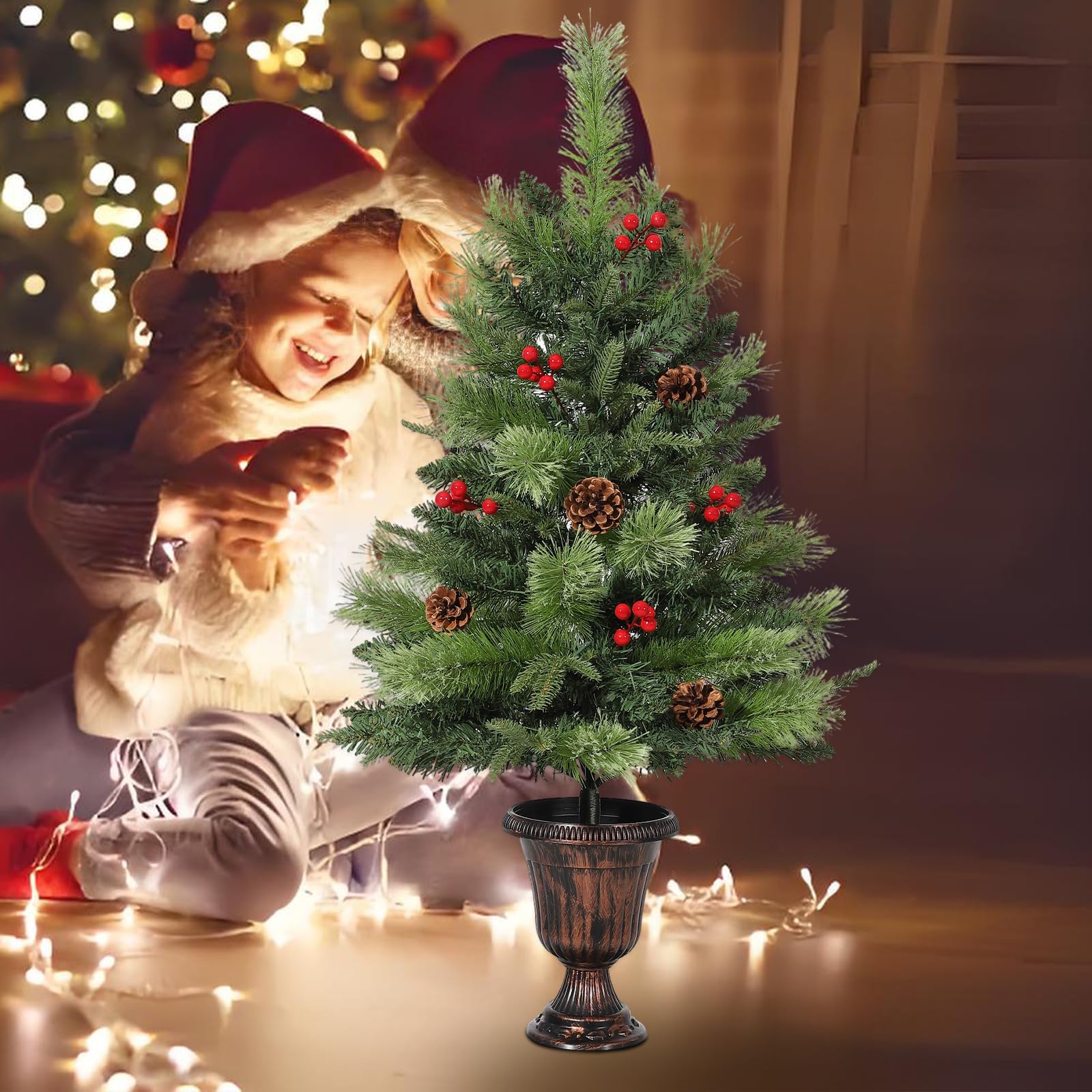Garvee 3ft Pre Lit Artificial Tabletop Christmas Tree with 70 Warm LED Lights Pine Cones and Red Berries