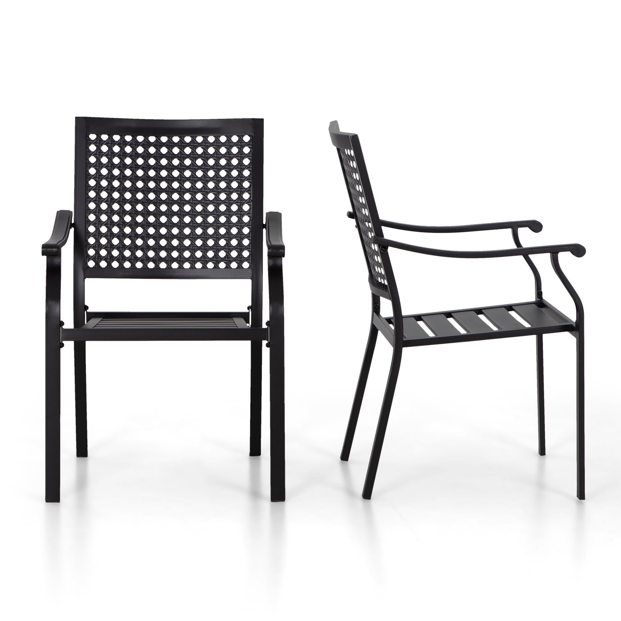 Black Steel Stackable Arm Dining Chairs (Set of 2)