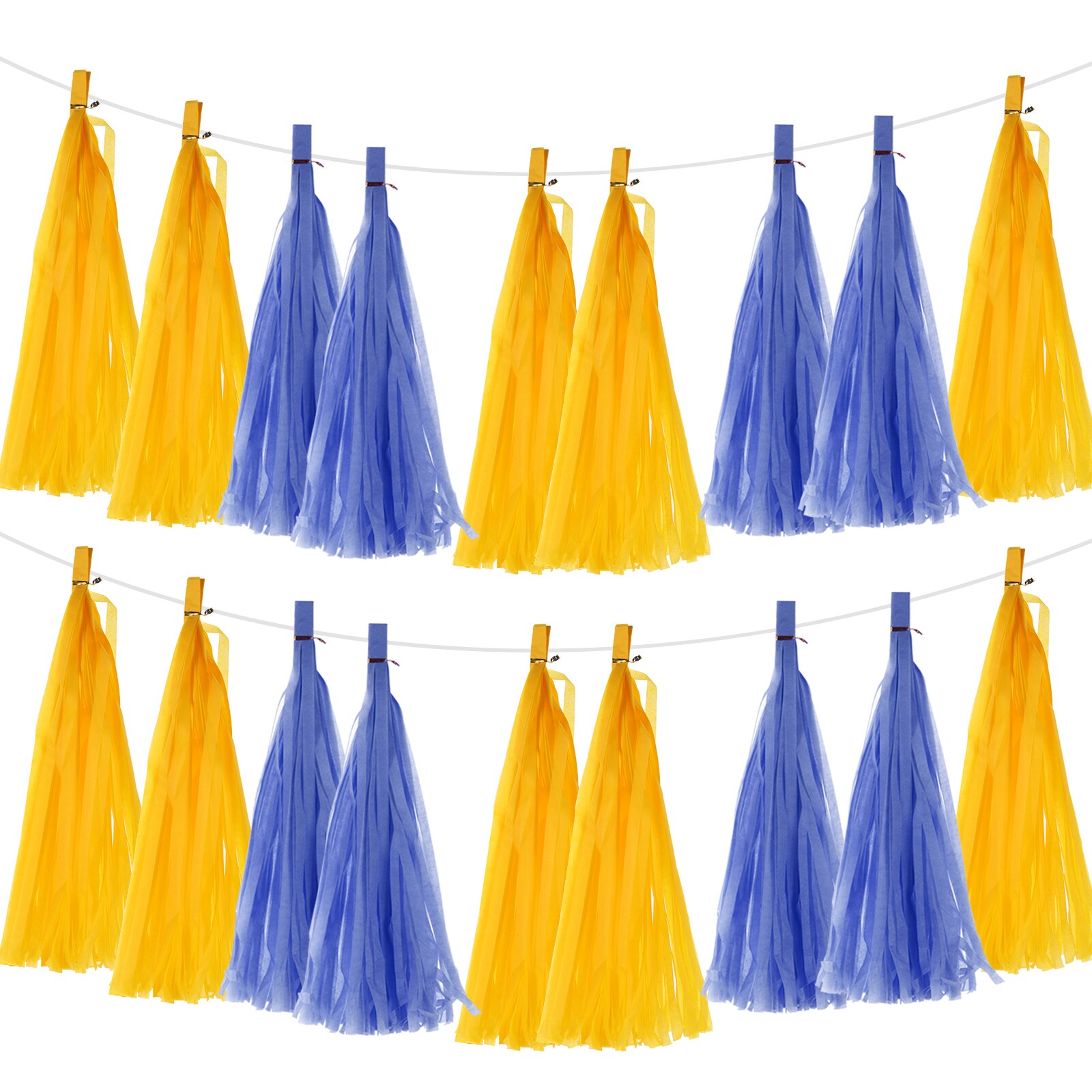 Unique Bargains 20Pcs Light Yellow Dark Blue Tassel Garland Banner with Rope Tissue Paper Tassels Party DIY Kits for Anniversary Wedding Birthday Party