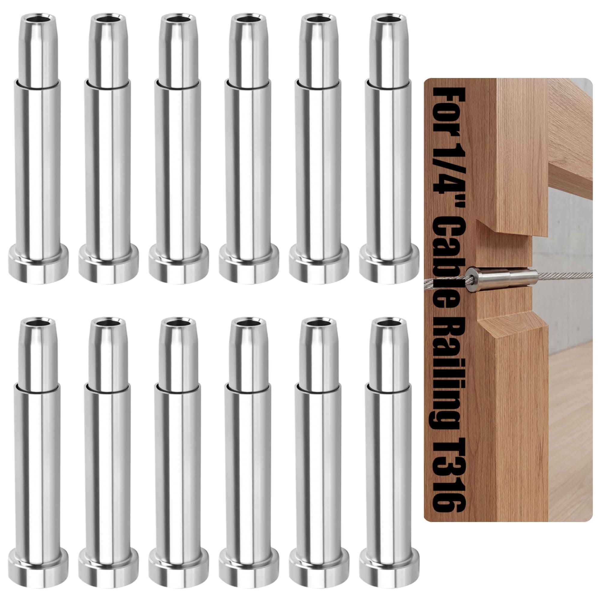 Justincity  Stainless Steel Invisible T316 Cable Railing Hardware Hidden Receivers and Swage Stud Ends for Quarter Inch Cable Railings Wood and