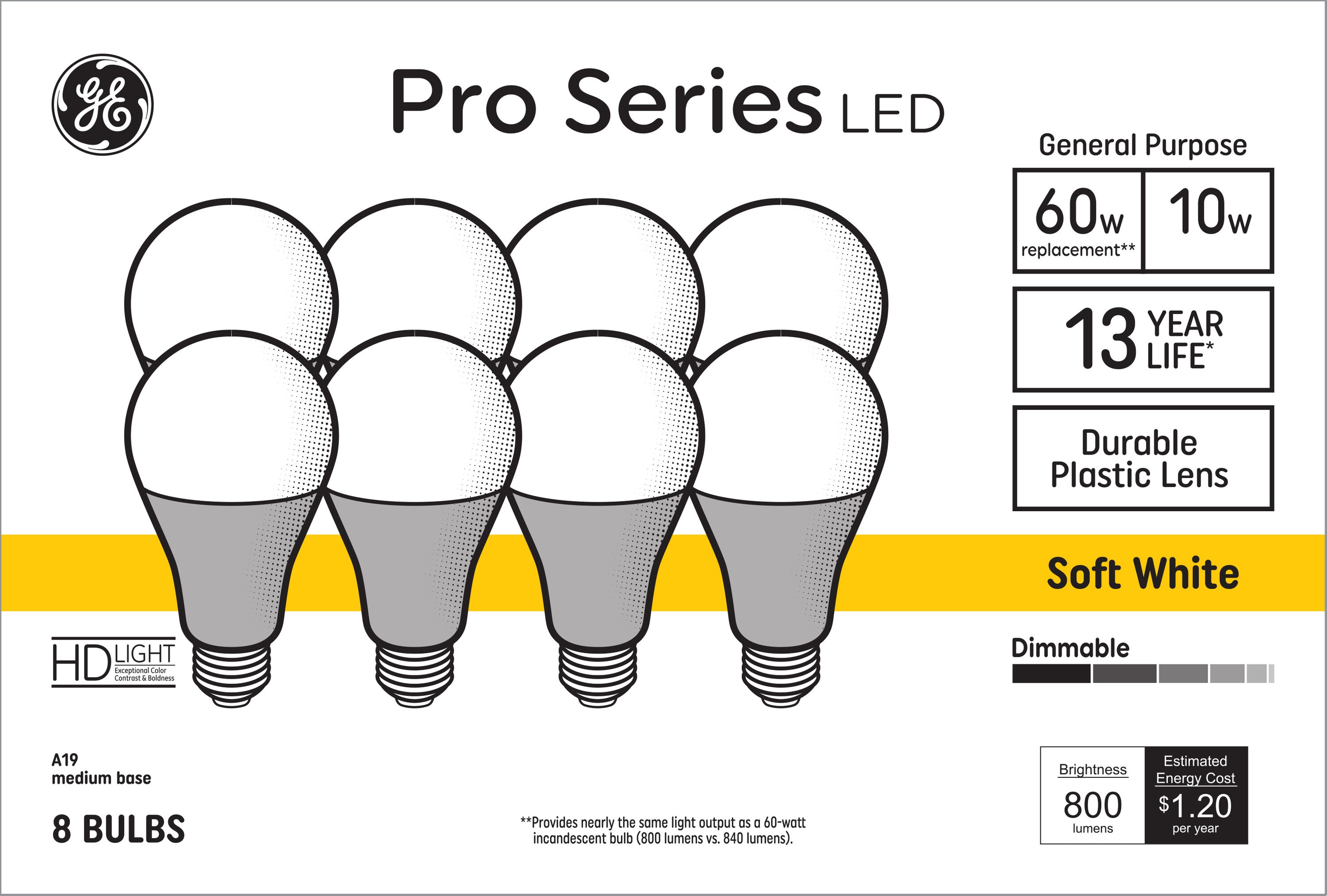 Ge 60 Watt Eq A19 Soft White Medium Base E 26 Dimmable Led General Purpose Light Bulb 8 Pack 8981