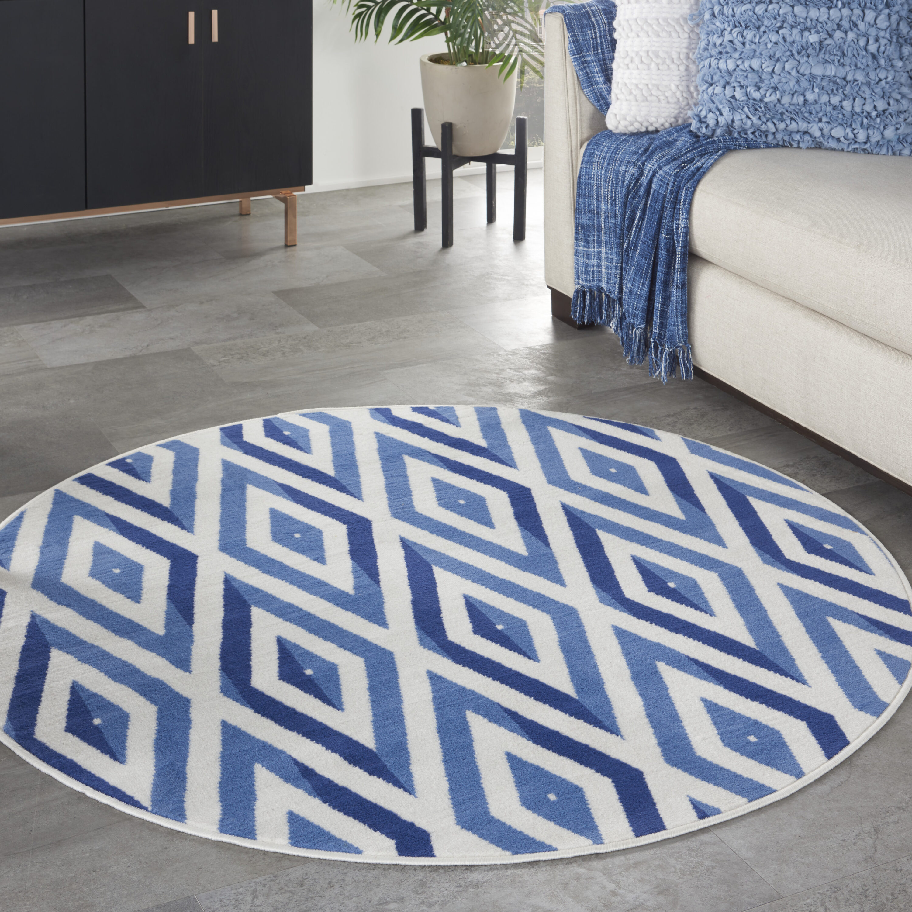 Nourison Whimsicle 5 X 5 Ivory Blue Round Indoor Geometric Area Rug in ...