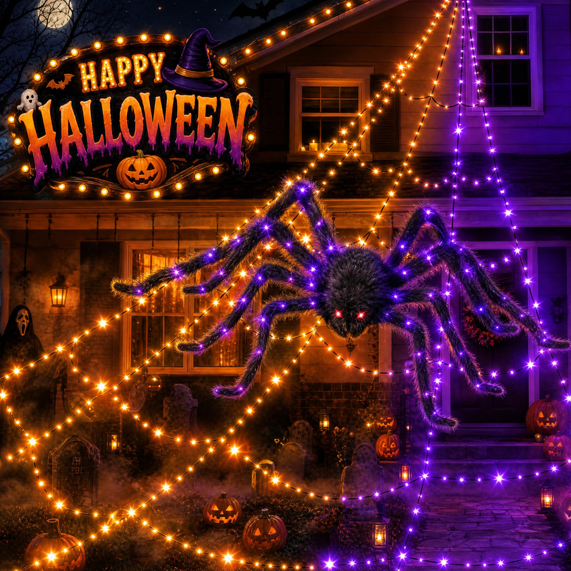 Afoxsos  Halloween Spider Web Lights 550 LEDs Purple and Orange Giant Outdoor Decor with Remote Control and Timer for Yard Garden Party