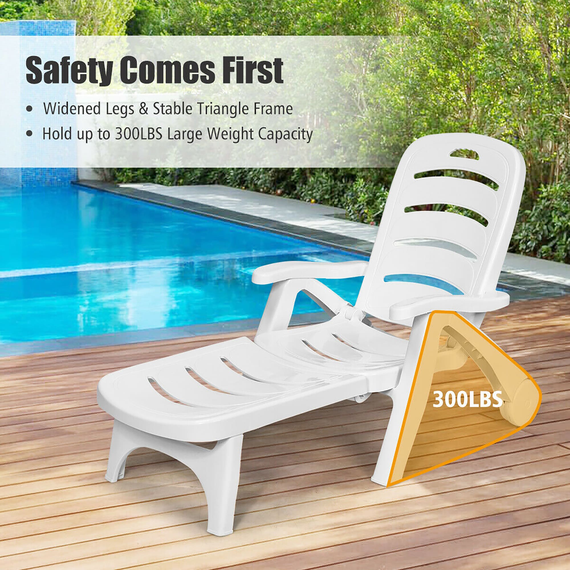 White Adjustable Folding Chaise Lounge Chair with Wheels