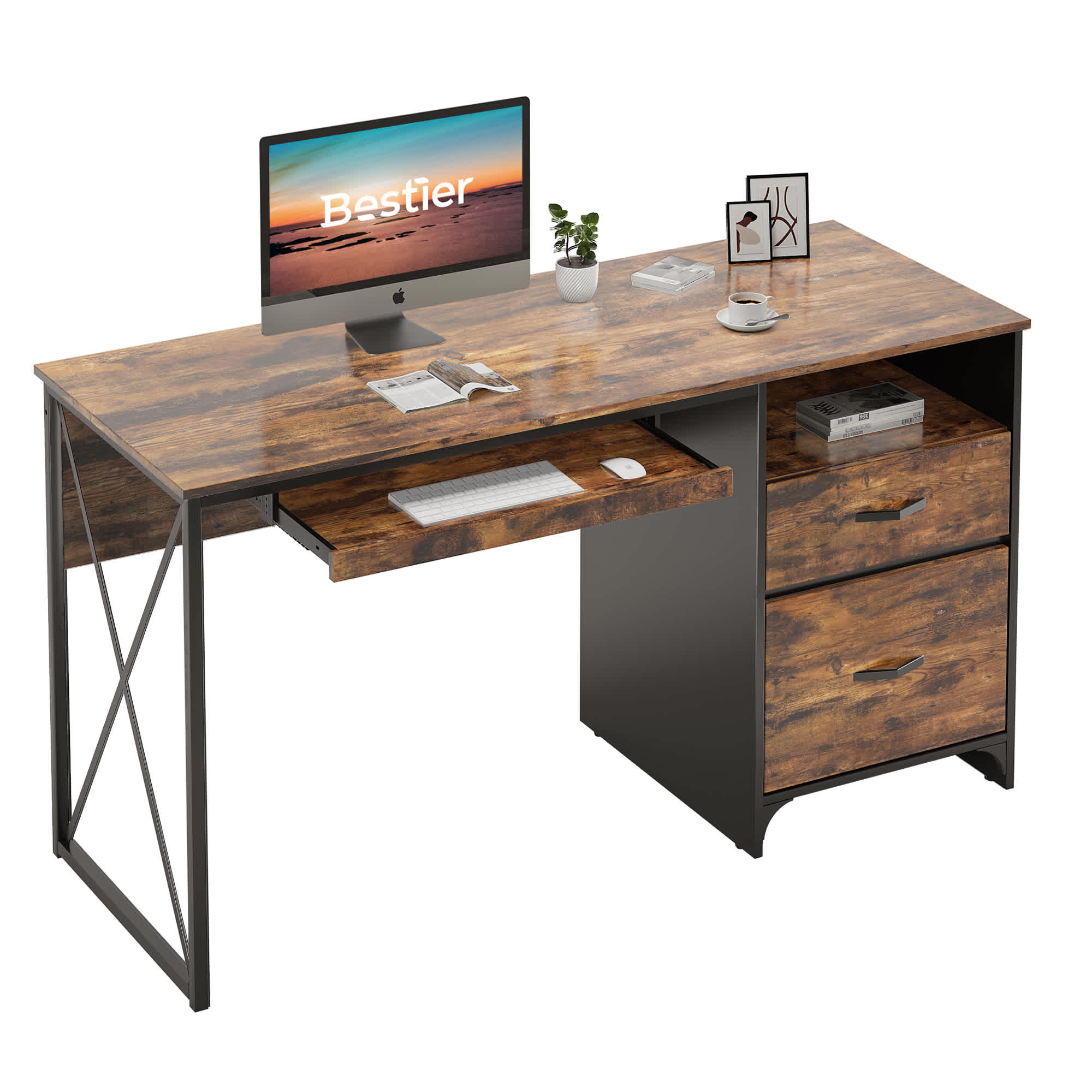 Bestier LOW-D374Q-RST 55.12-in W 3-Drawer Brown Computer Desk with Keyboard Tray
