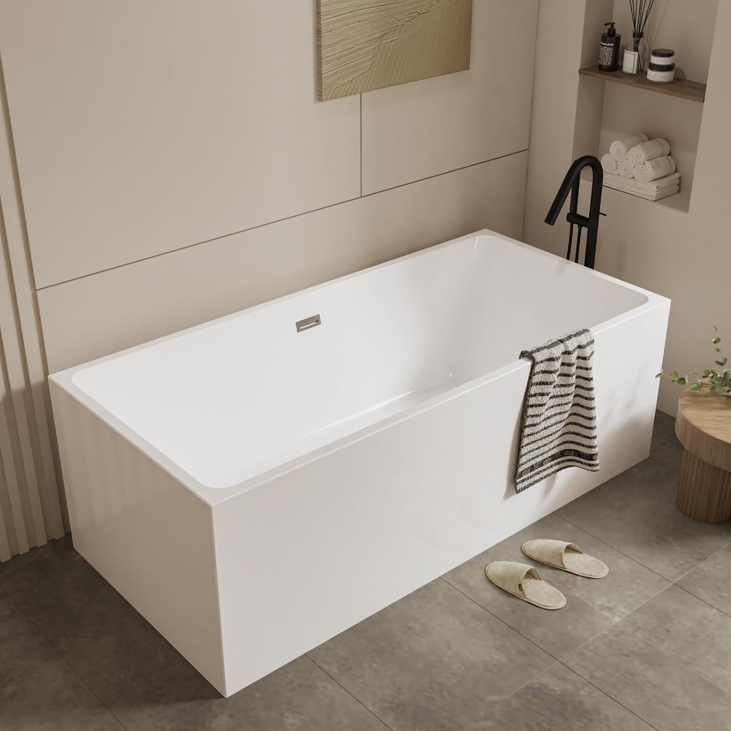 Qeetex PHO158XTU1M 67 inch modern acrylic freestanding bathtub rectangular soaking tub with chrome drain streamlined linear overflow easy installation CUPC certified