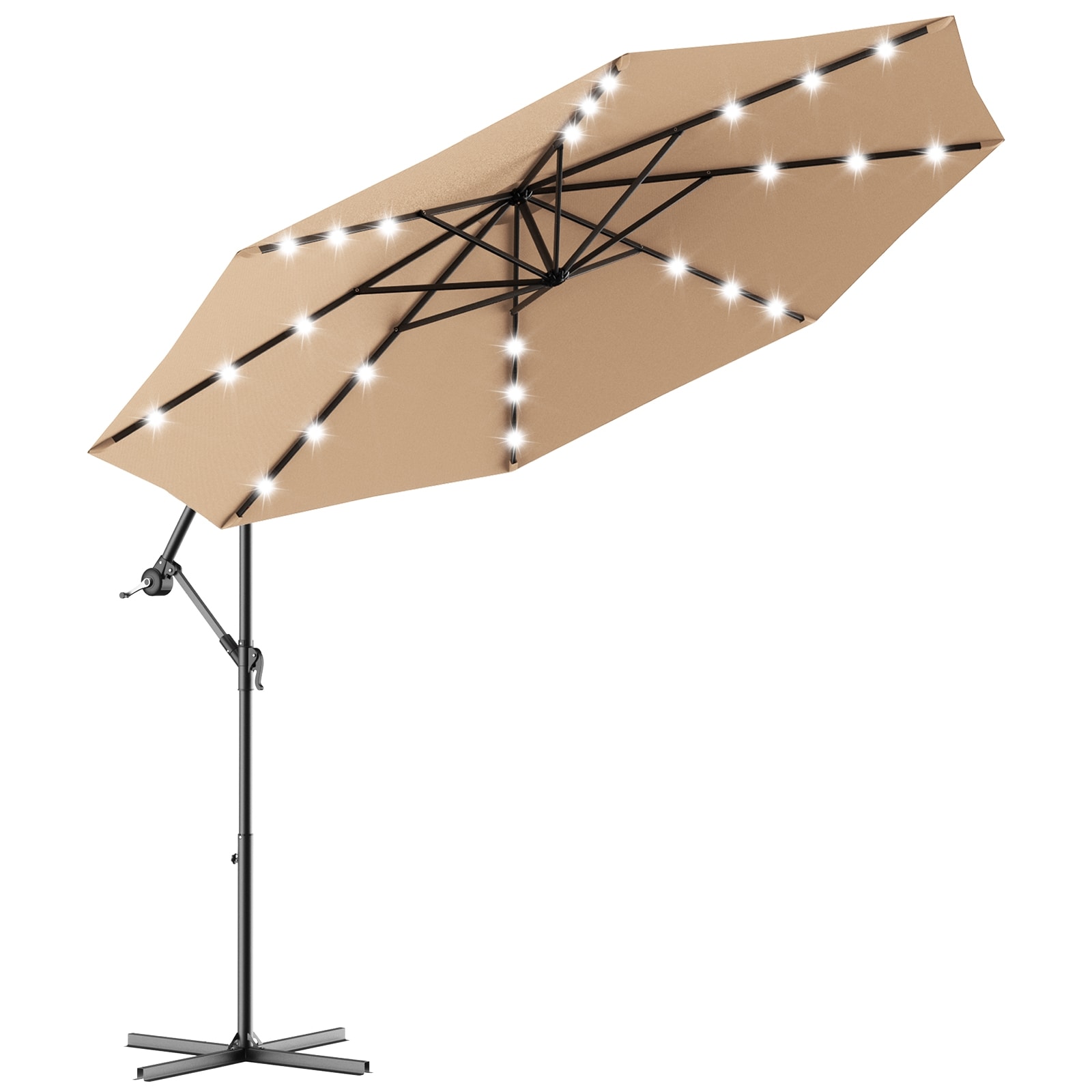 Forclover HBV-0754BE 10-Feet Steel Beige Crank Cantilever Patio Umbrella with Lights and