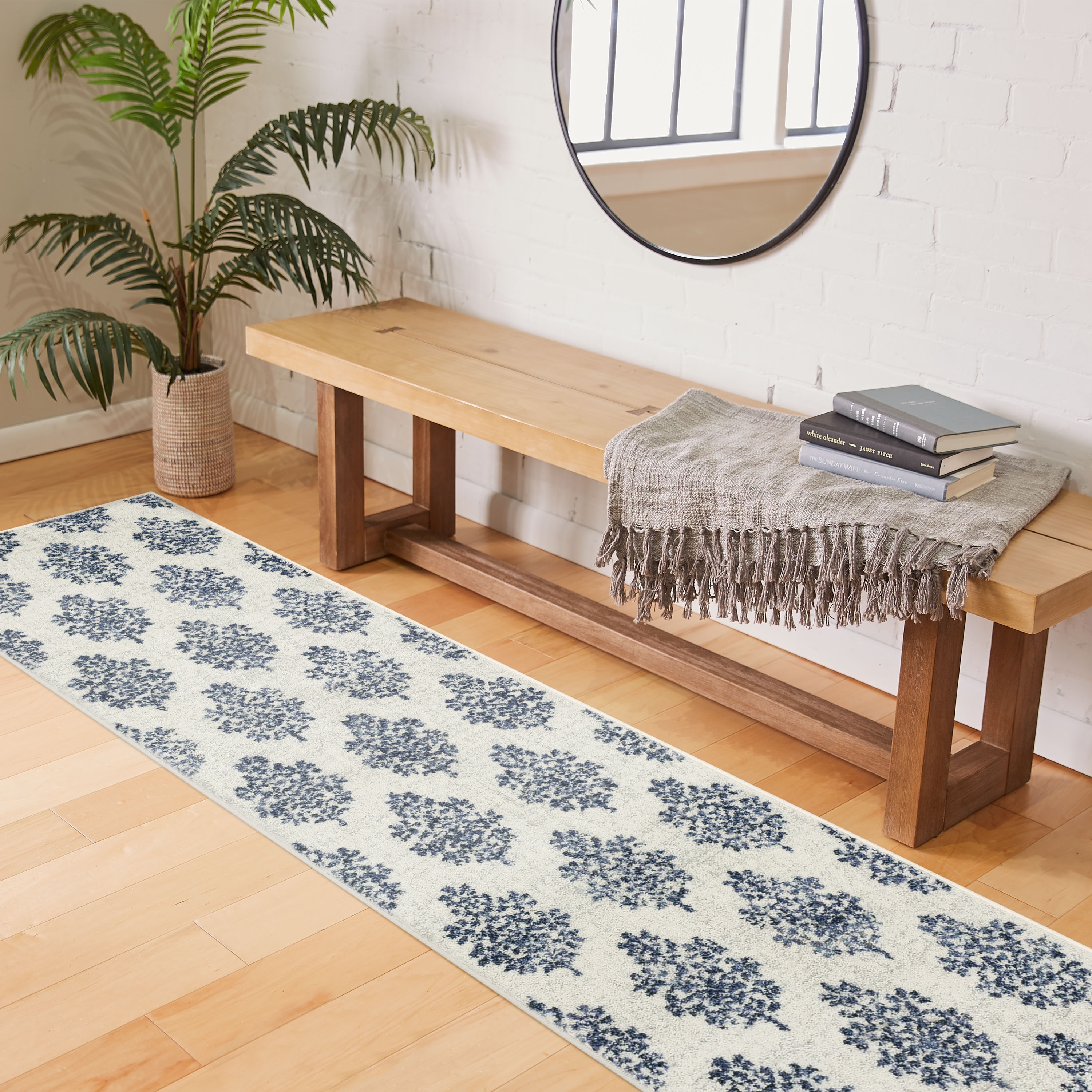 Blue and White Pattern Farmhouse Entryway Rug