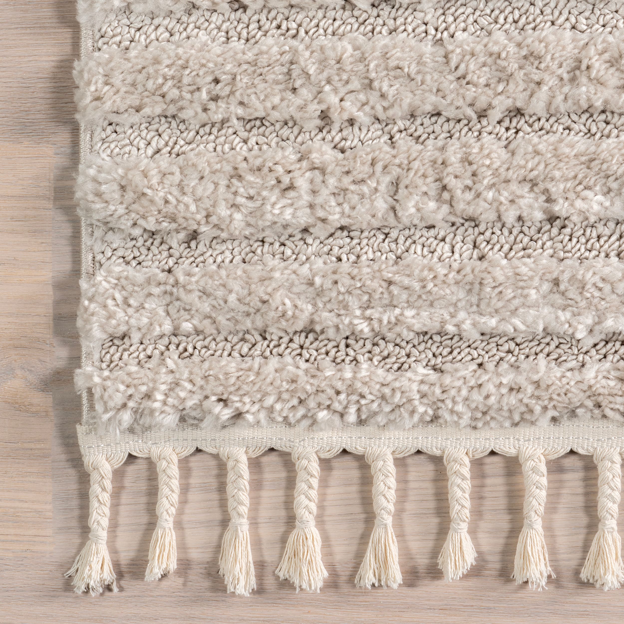 Beige Geometric Shag Rectangular Area Rug with Tassels
