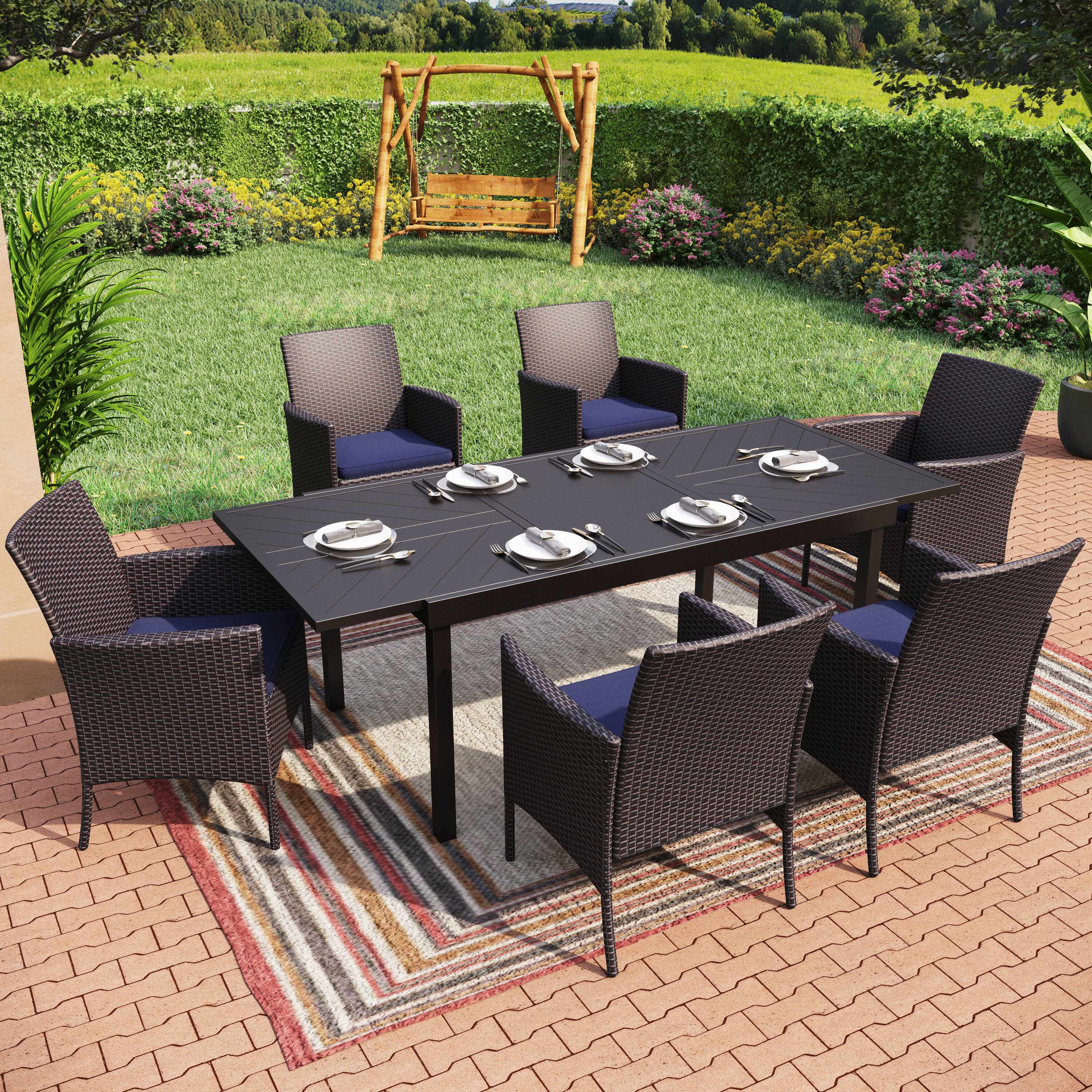 Sunshine Valley TC7-097-425 Outdoor Table and Chairs 7 -Piece Black Rattan Patio Dining Set Extendable Table Steel Rectangle Table with 6 Blue Cushions Stationary Chairs