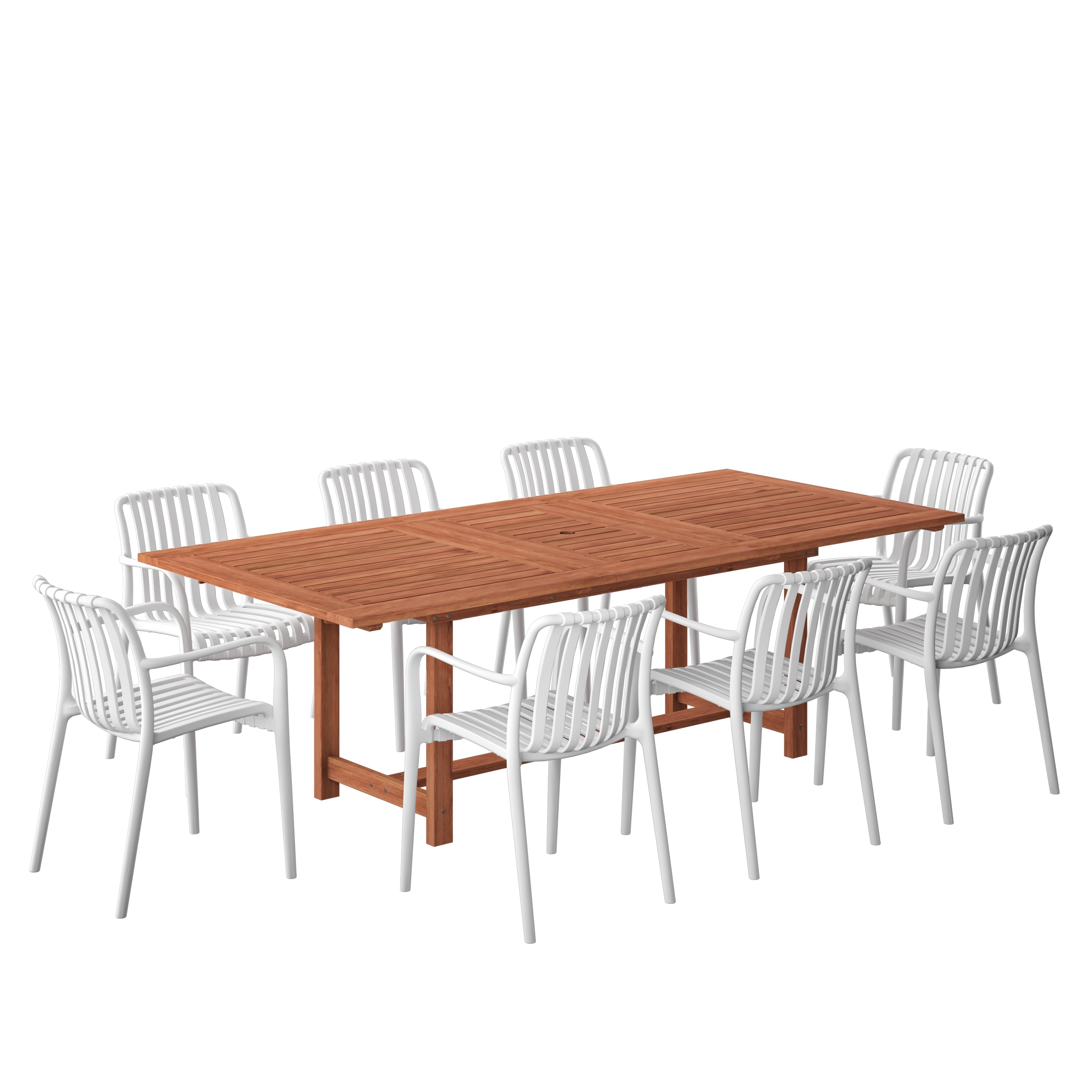 Amazonia LWS-542-8-CURA-WHT 9 -Piece White Patio Dining Set Extendable Table Wood Rectangle Table with 8 Stackable Stationary and Motion Chairs