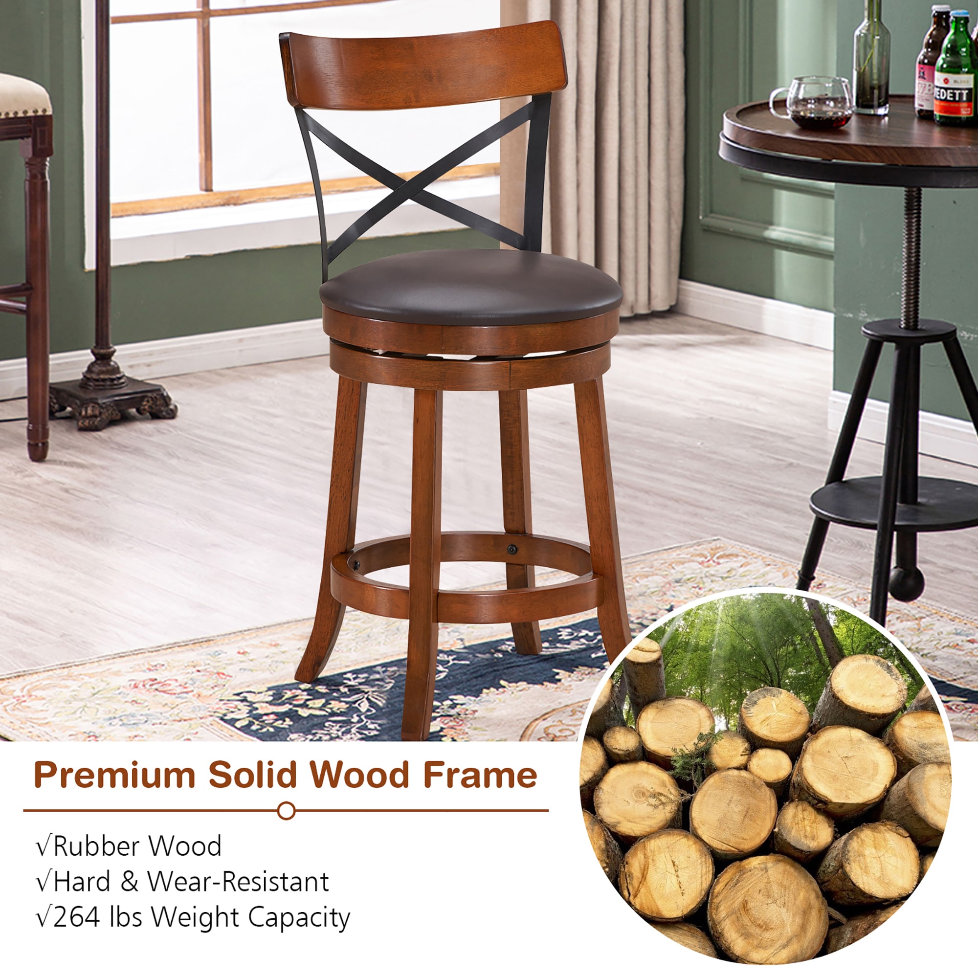 Set of 2 Swivel Brown Rubberwood Bar Stools with Metal Backrest