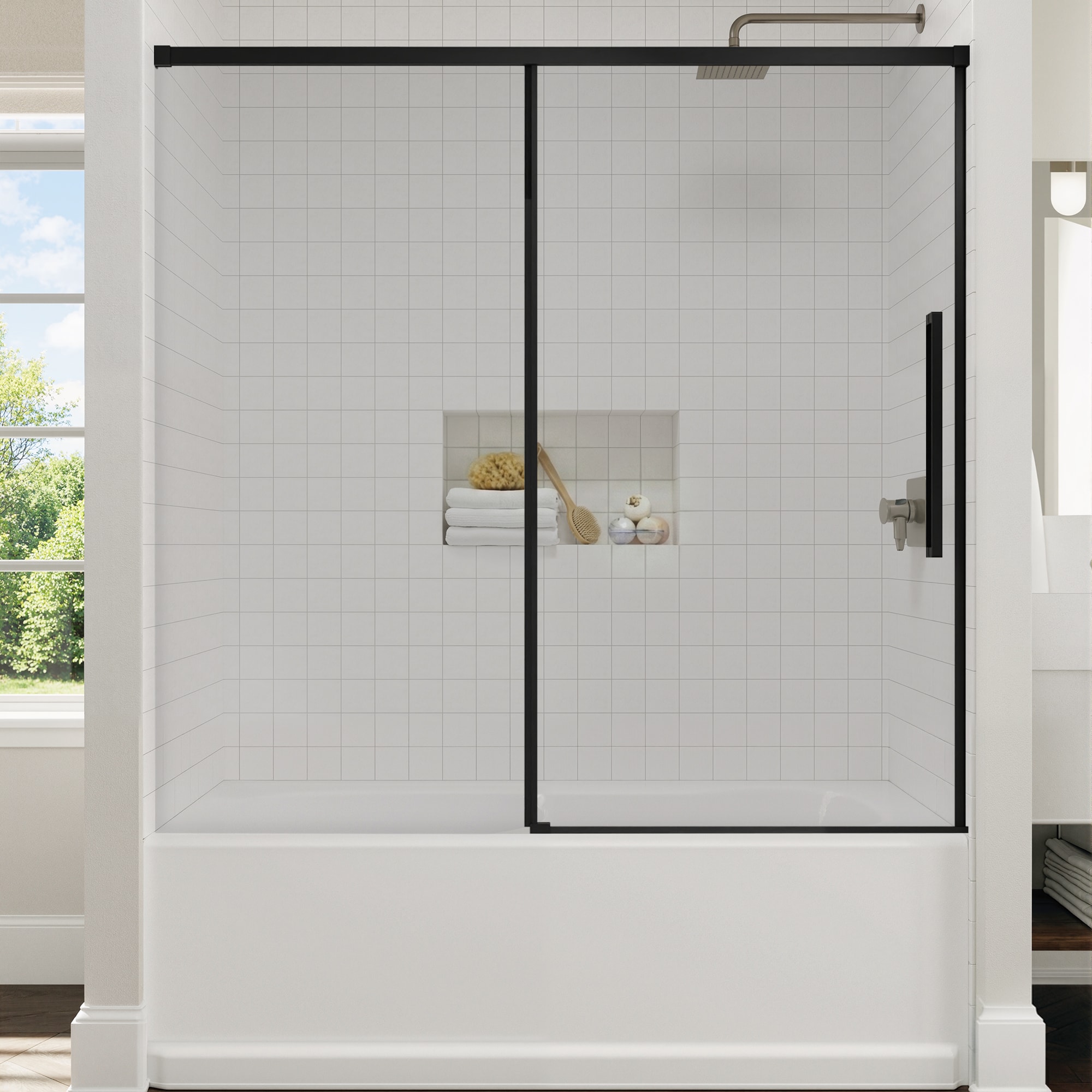 Dovelina 60 in. W x 58 in. H Sliding Tub Door in Black with Rain Glass Elegant Durable 1/4 in Thick Clear Glass