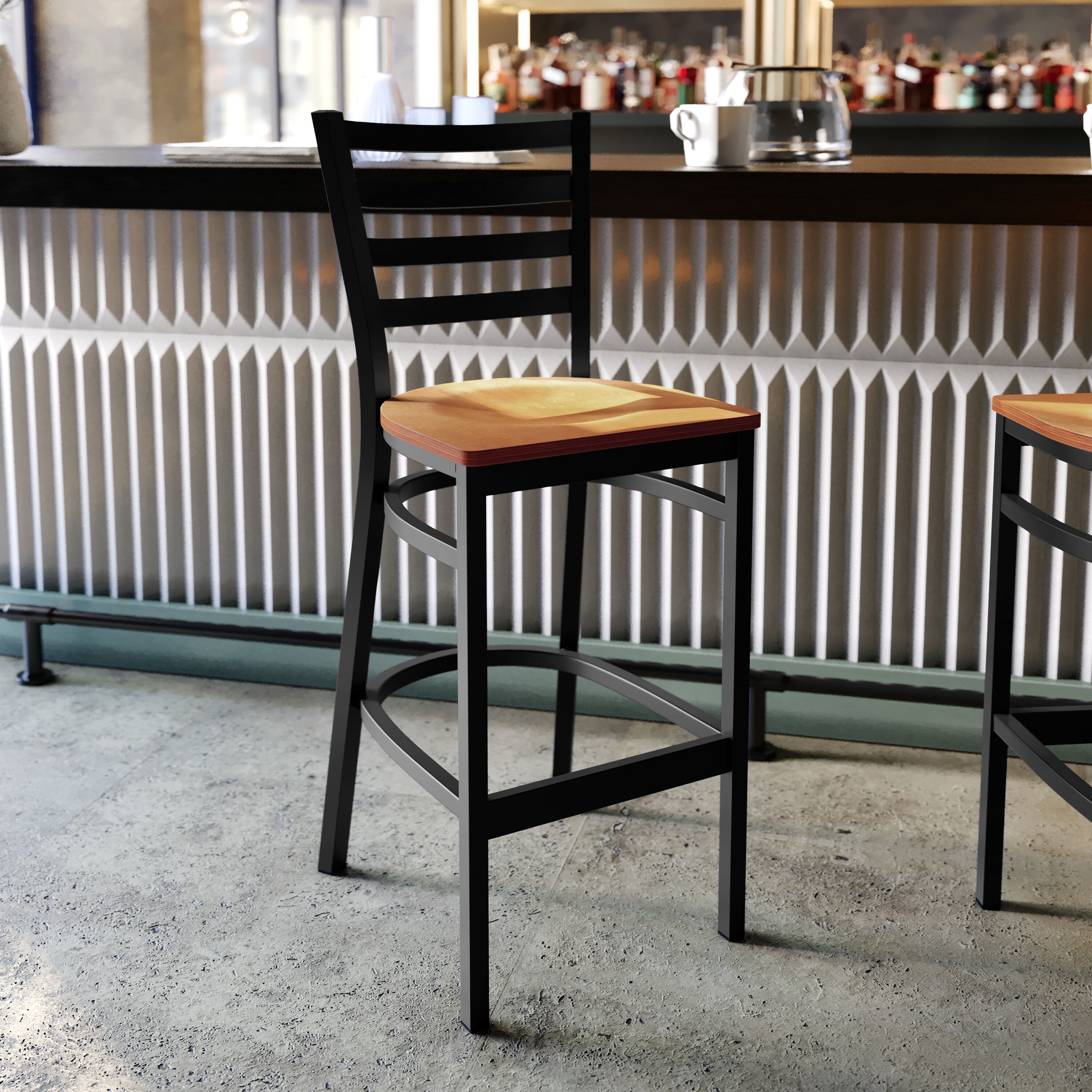 Black Metal Ladder Back Barstool with Natural Wood Seat