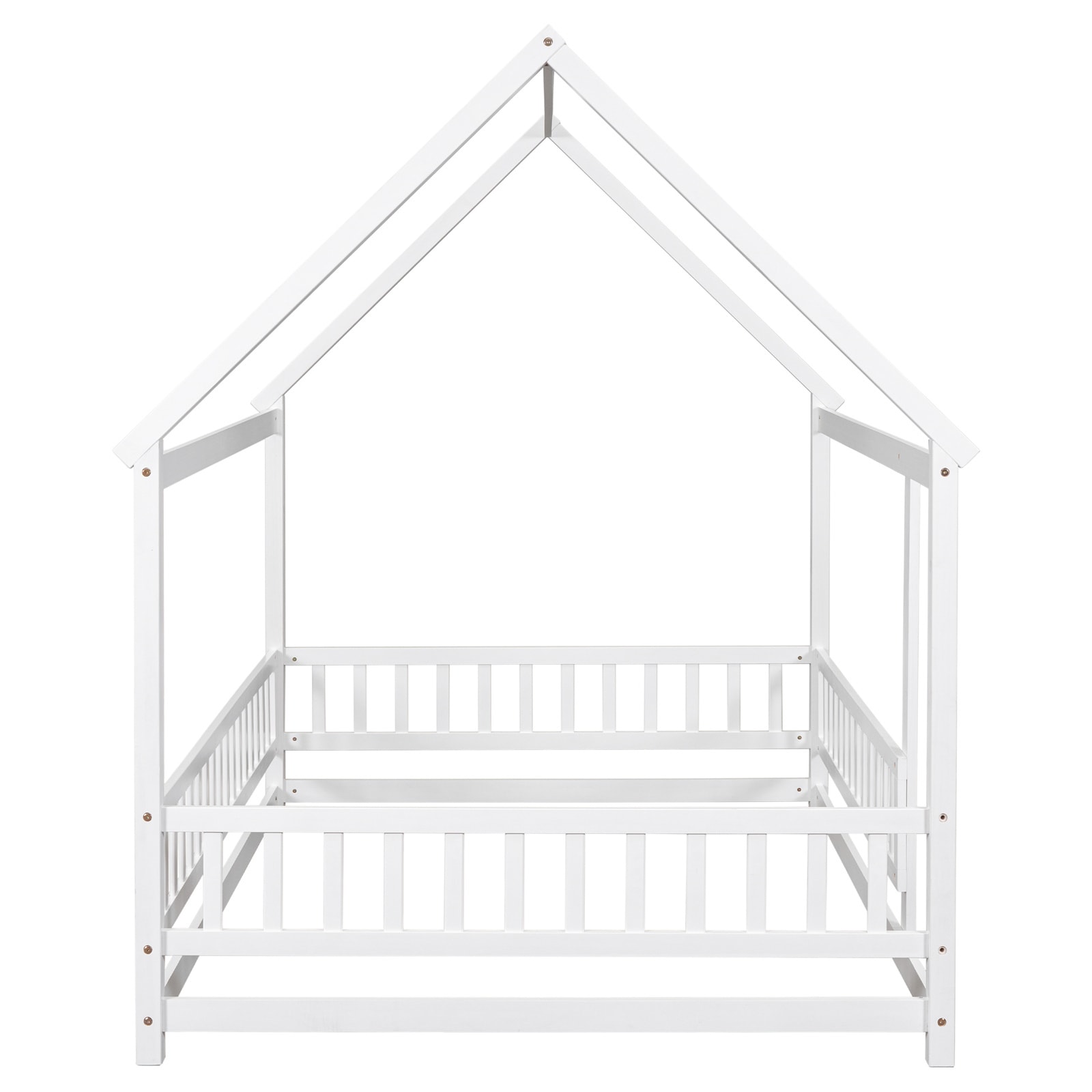 BESTCOSTY White Full Canopy Bed with Wood House Roof Frame and Fence ...