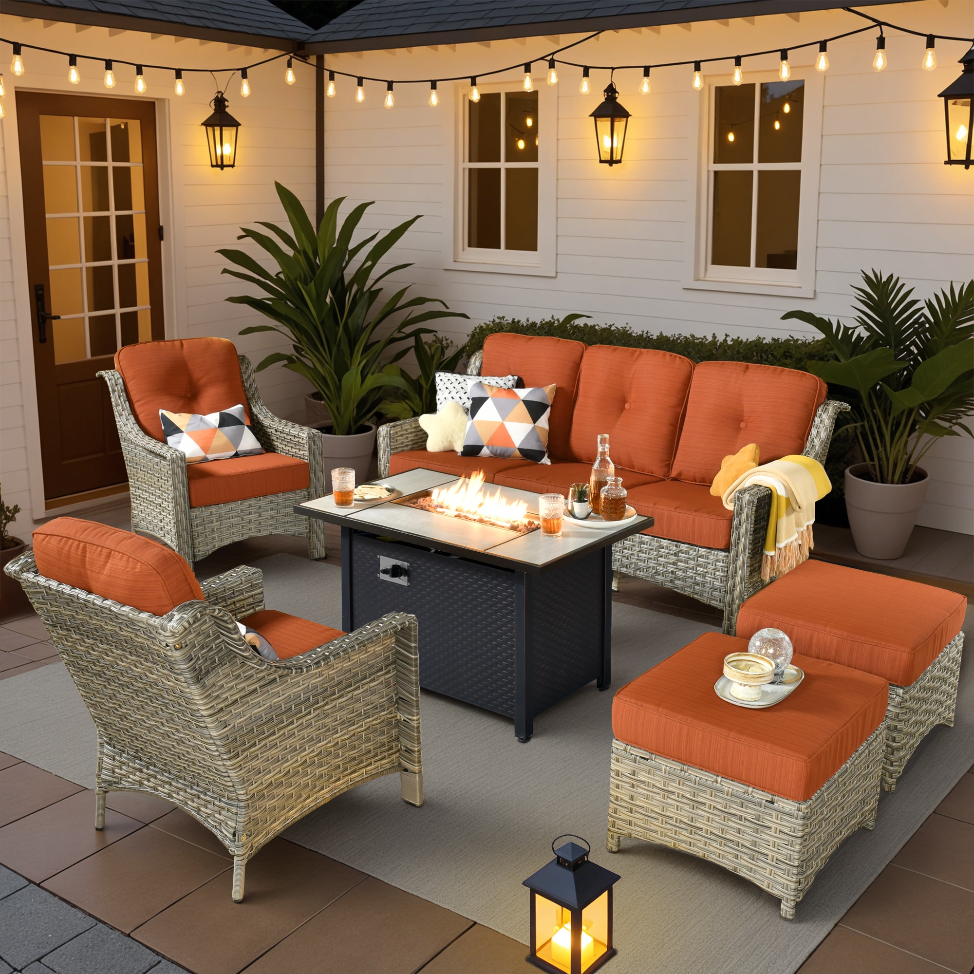 Pouuin SDFPAD806 6 -Piece Wicker Patio Sofa Conversation Set with Orange Cushions