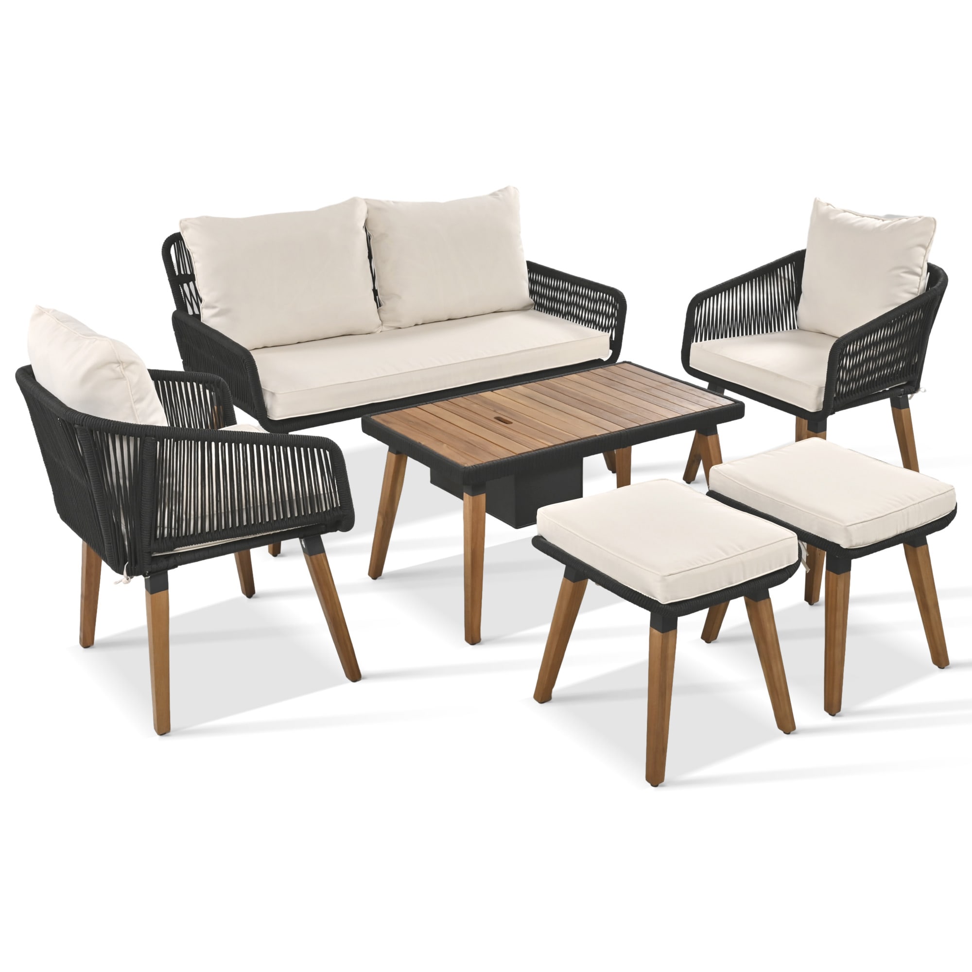 Fun Orange FUN25CP05 Table with Ice Bucket 6 -Piece Woven Patio Conversation Set with Off-white Cushions