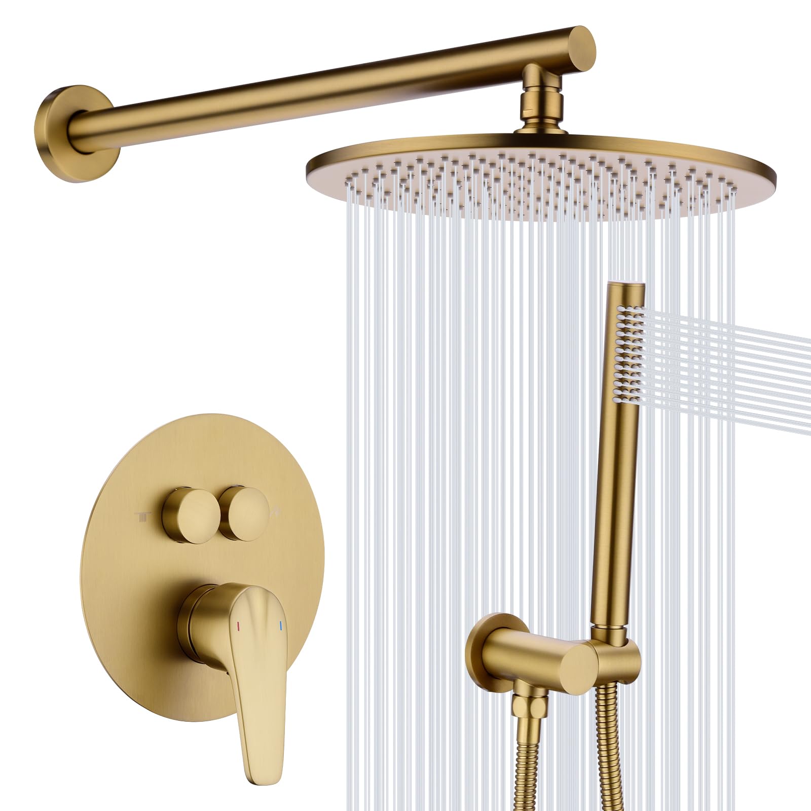KHKFY  Push Button Shower System Brushed Gold 10 Inch Rainfall Shower Set Pressure Balanced Valve Wall Mount with Handheld Adjustable Holder Set