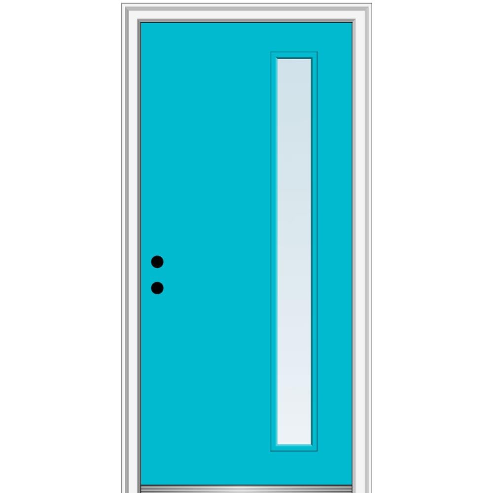 MMI DOOR ZZ345884R Spotlights 30-in x 80-in x 4-9/16-in Fiberglass Pulse lite Right-hand inswing Bahama Blue Painted Prehung Front Door with Brickmould Insulating core