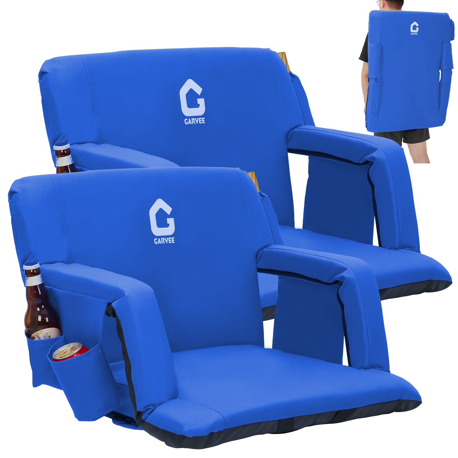 Encore Beets 2 Pack 24.4 In Wide Bleacher Seats 6 Position Adjustable Back Support Thick Cushion Armrests Cup Holder Large Pockets Blue For Outdoor Sports Concerts