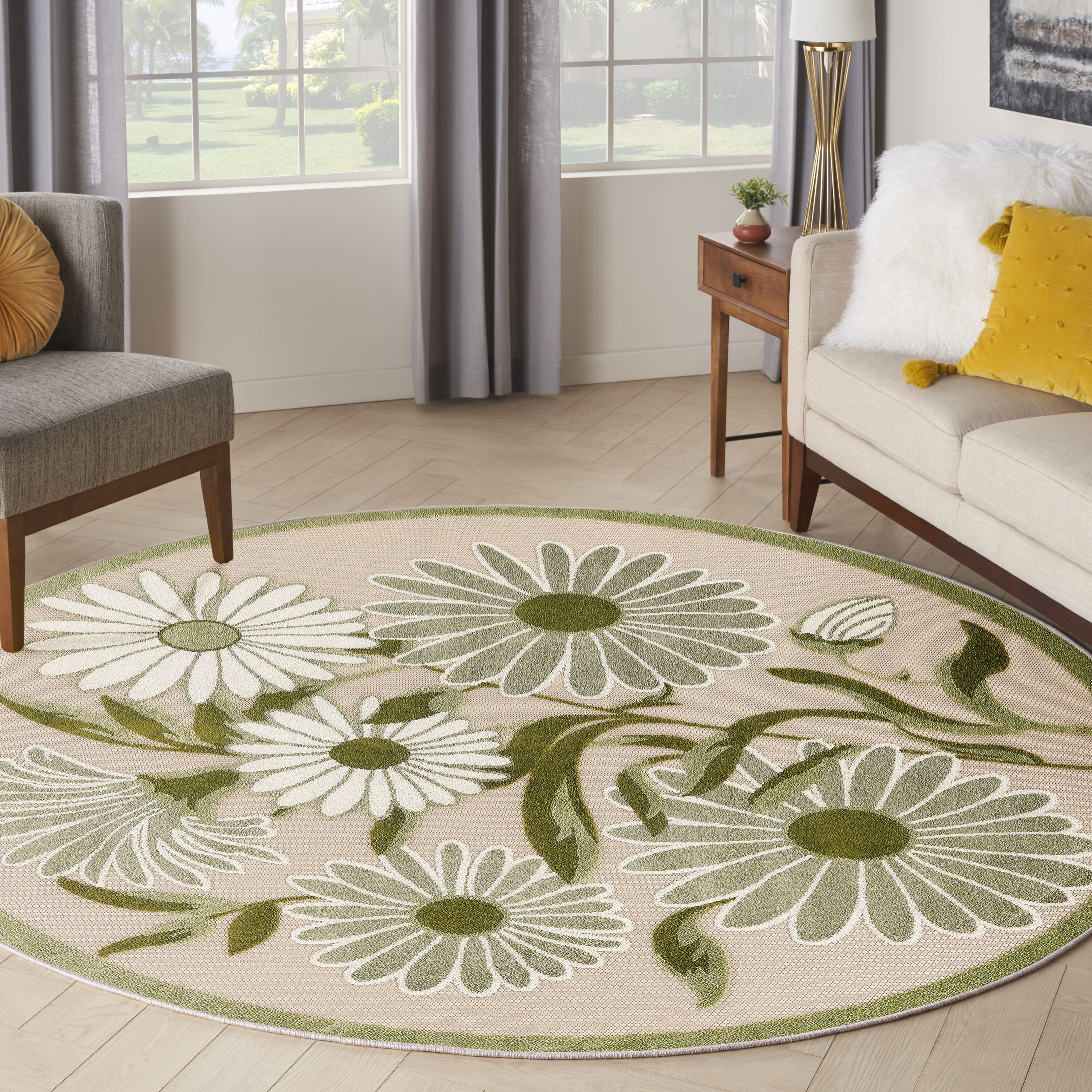 Nourison Home 099446953520 8 x 8 (ft) Loomed Polypropylene Ivory Green Round Indoor/Outdoor Floral/Botanical Tropical Area rug