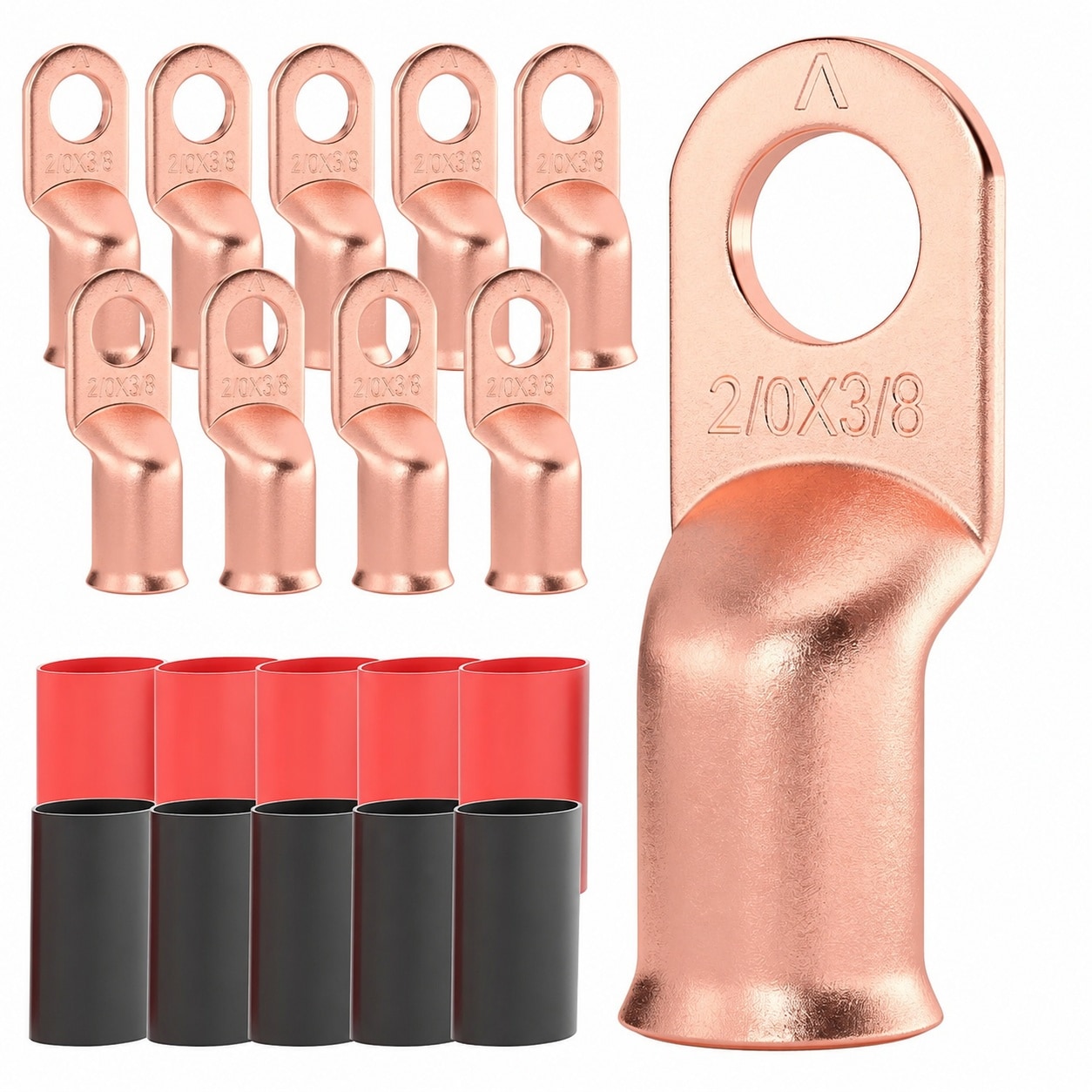 Aoibox  10 Pc 2 0 AWG Copper Cable Lugs 3 8 in M10 Ring Terminals with 3 1 Adhesive Heat Shrink Tubing UL Listed Set