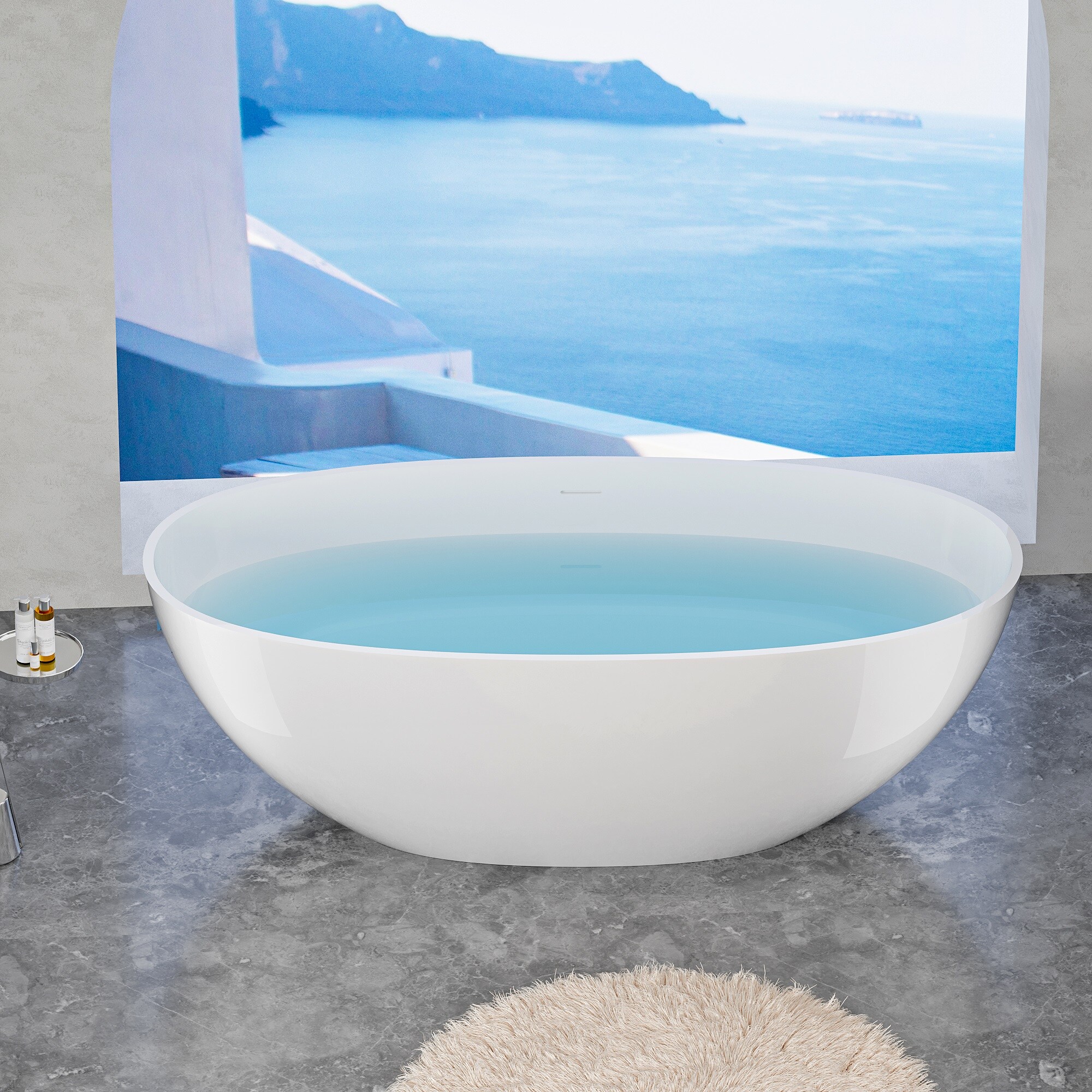 LUCKY ONE 29.5-in x 65-in Glossy White Solid Surface Oval Freestanding Soaking Bathtub with Drain