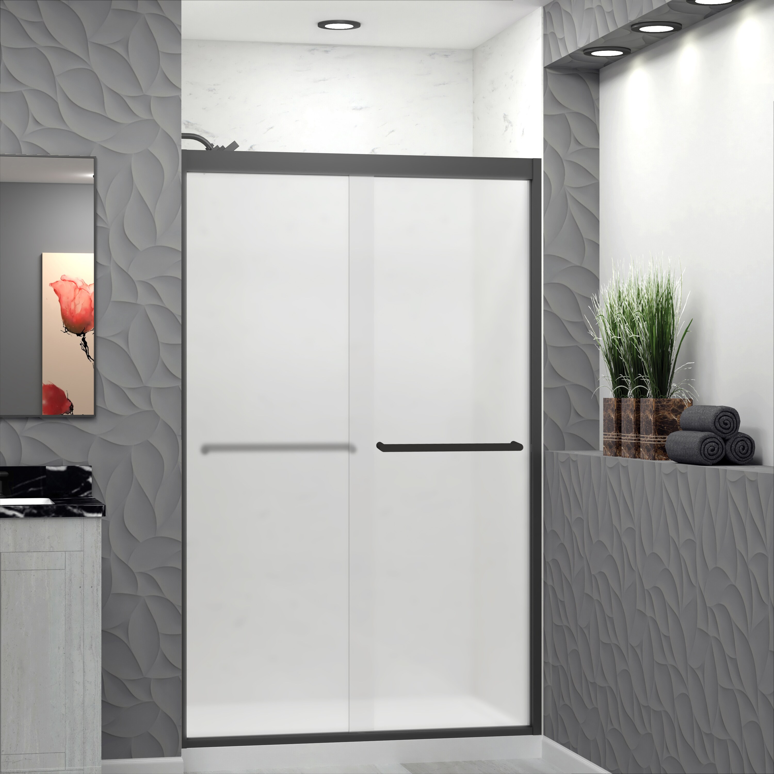 Transolid FBPT487608F-R-MB Frederick Matte Black 45-3/4-in to 47-in x 76-in Semi-frameless Sliding Soft Close Shower Door