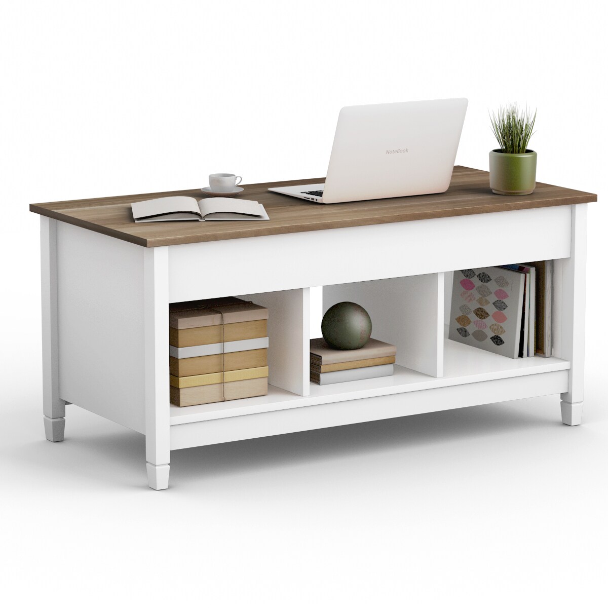 Contemporary White and Brown Rectangular Lift-Top Coffee Table with Storage