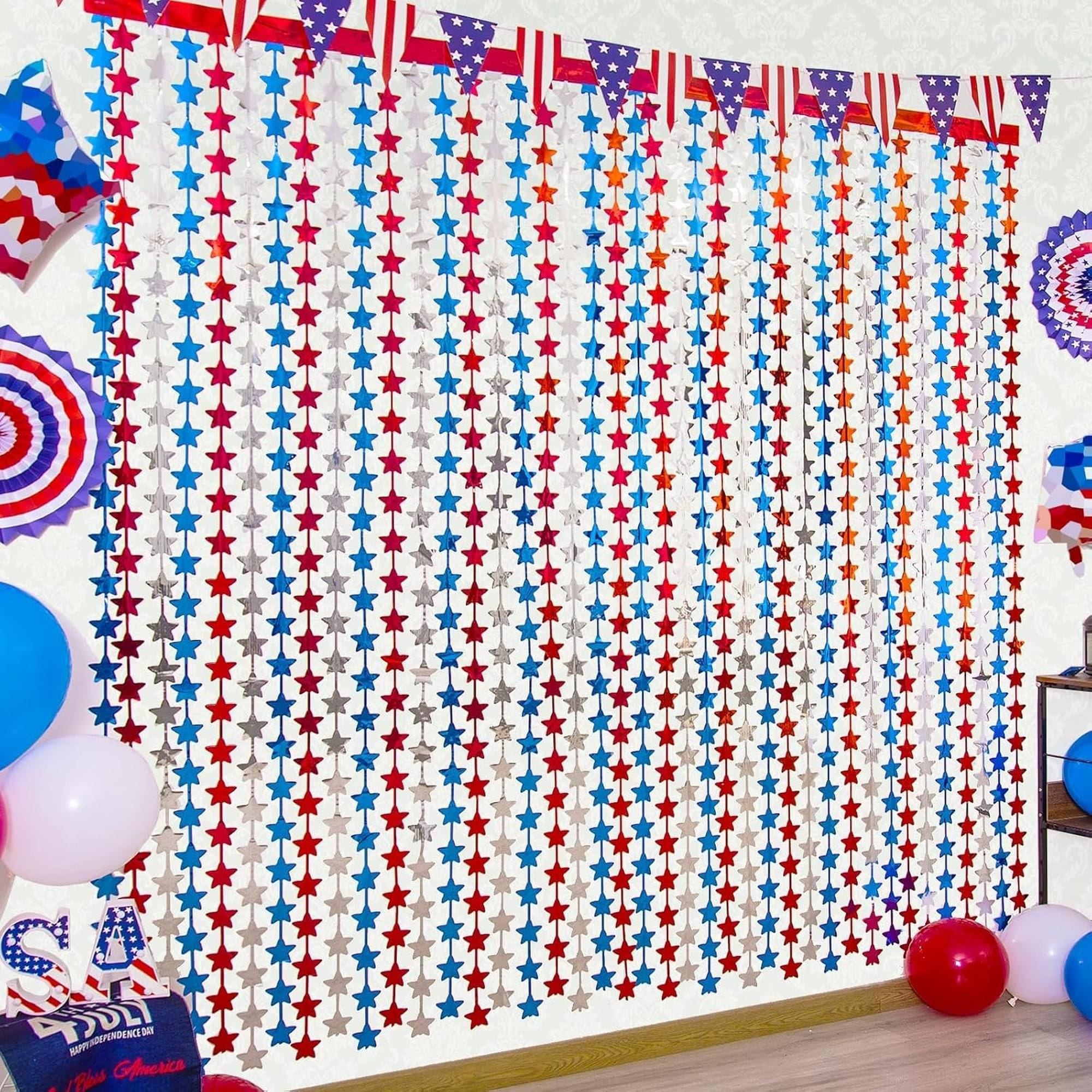 Wudkey 3.3ft x 6.6ft 5-Pack Red White Blue Star Foil Fringe Curtains Patriotic Party Backdrop Streamers